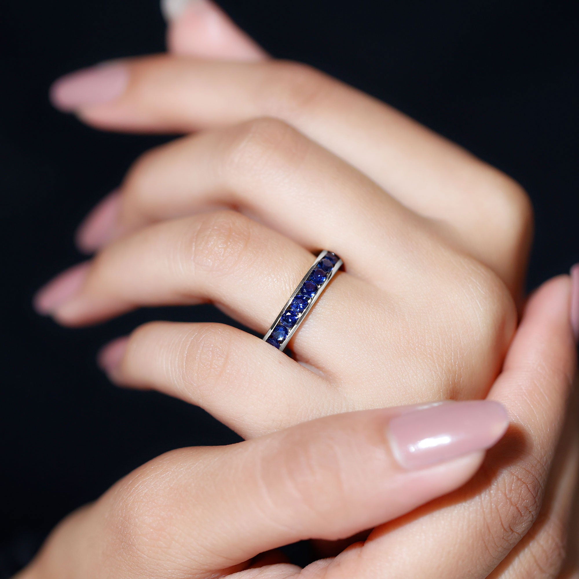 Round Created Blue Sapphire Full Eternity Ring in Channel Setting Lab Created Blue Sapphire - ( AAAA ) - Quality - Rosec Jewels