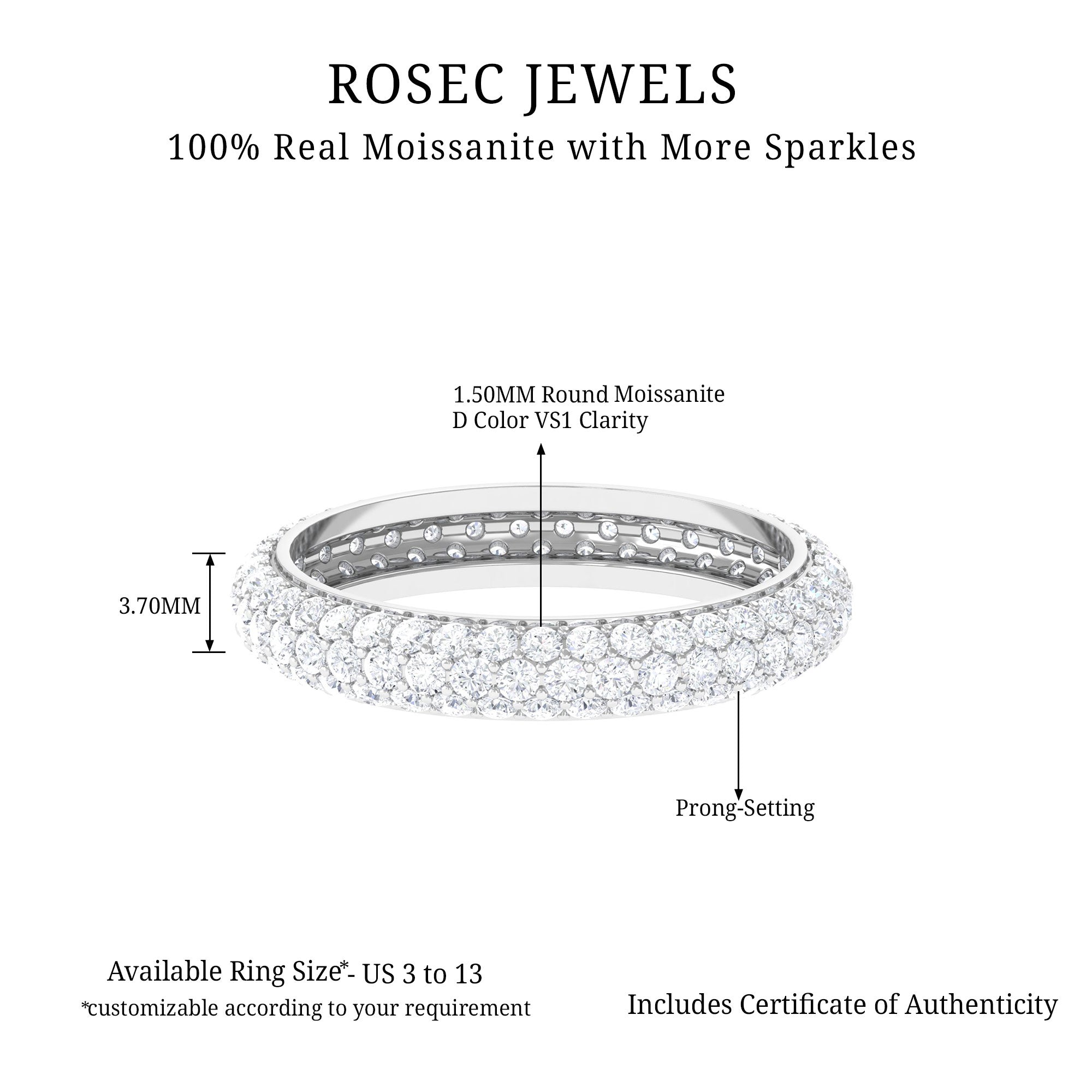 3 CT Certified Moissanite Three Row Eternity Band in Gold Moissanite - ( D-VS1 ) - Color and Clarity - Rosec Jewels