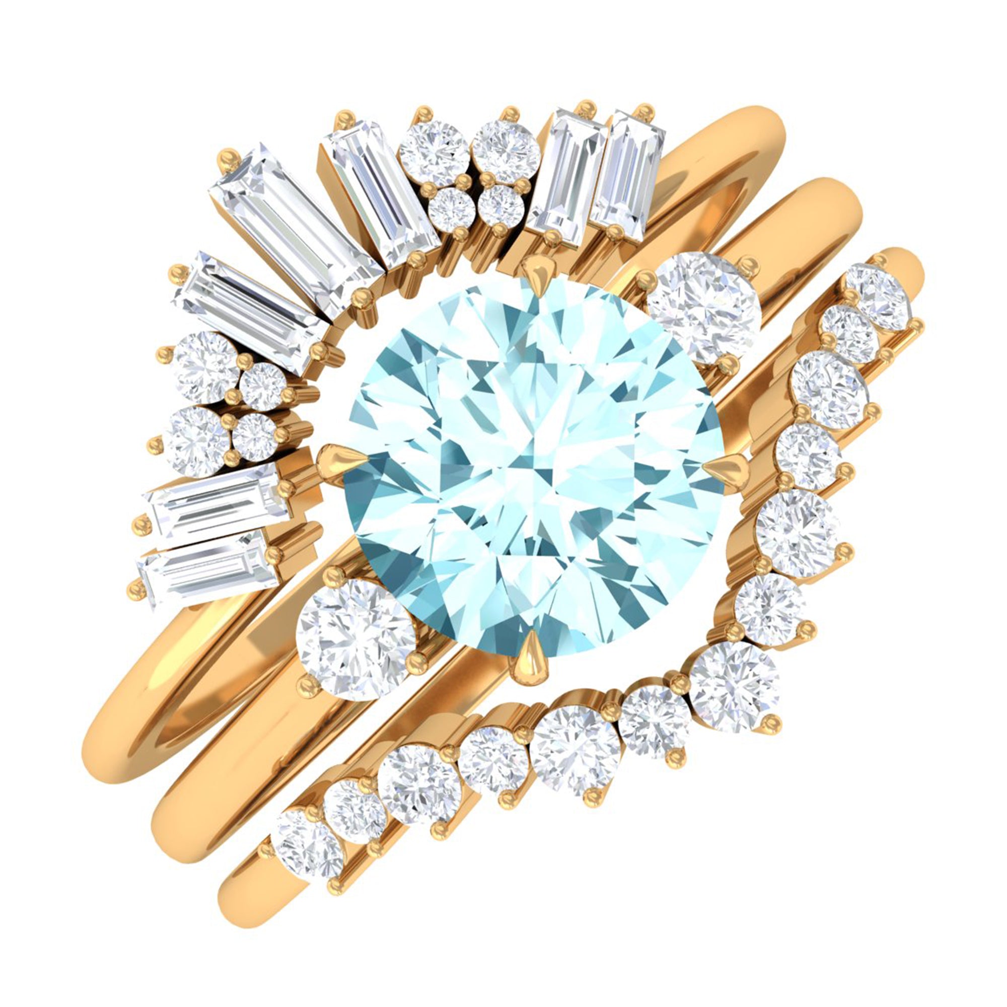 Real Aquamarine Designer Trio Wedding Ring Set with Diamond Aquamarine - ( AAA ) - Quality - Rosec Jewels