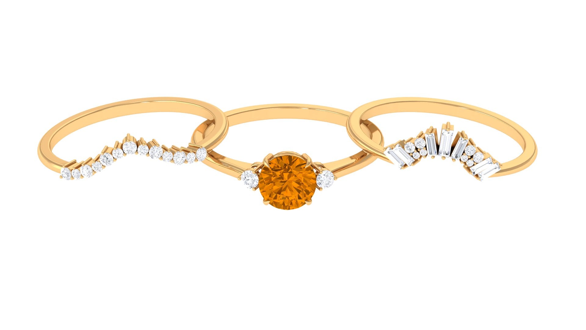 Round Citrine Designer Trio Wedding Ring Set with Moissanite Citrine - ( AAA ) - Quality - Rosec Jewels