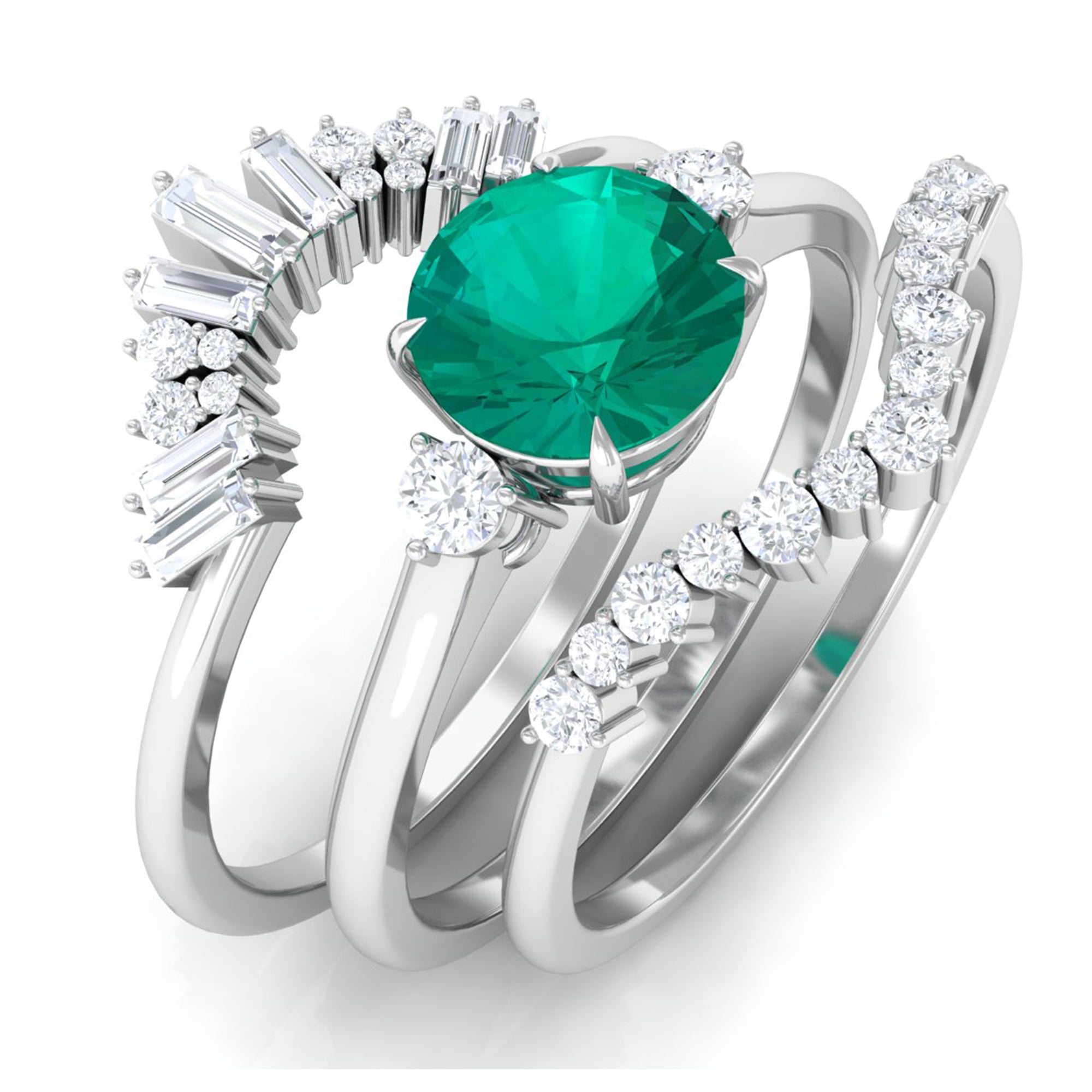 Genuine Round Emerald Wedding Ring Set with Diamond Accent Emerald - ( AAA ) - Quality - Rosec Jewels