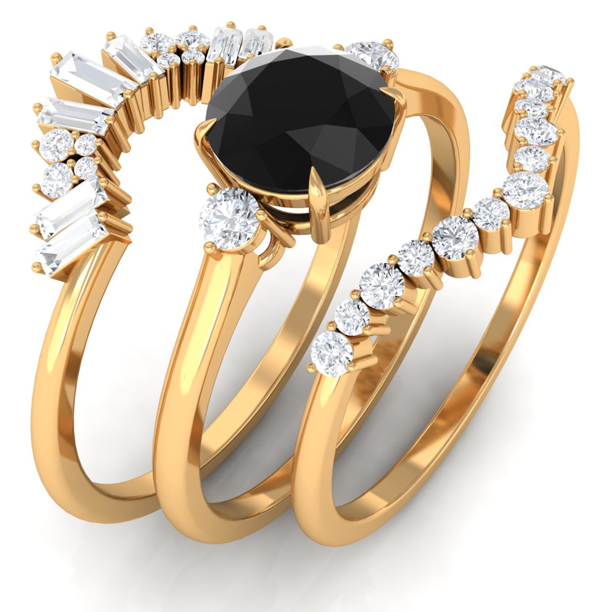 Created Black Diamond Designer Trio Wedding Ring Set with Diamond Lab Created Black Diamond - ( AAAA ) - Quality - Rosec Jewels