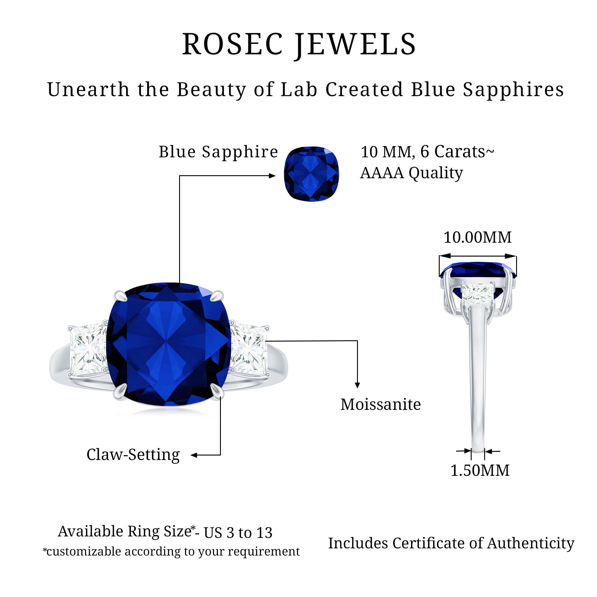 Rosec Jewels-Cushion Cut Created Blue Sapphire Solitaire Ring