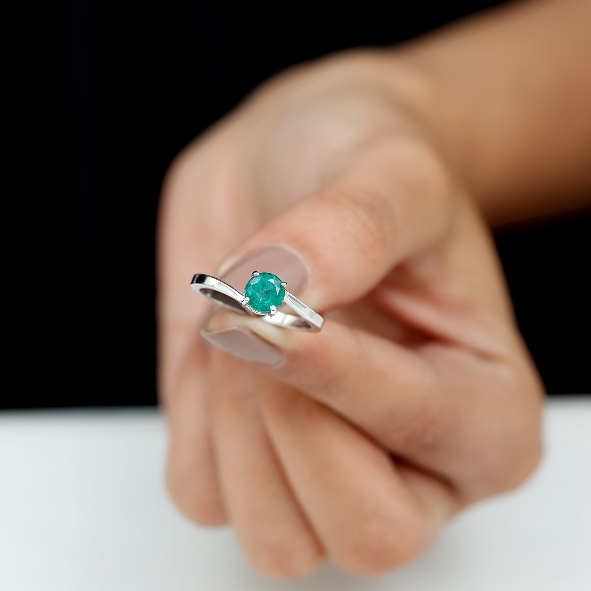 Round Natural Emerald Solitaire Bypass Ring Emerald - ( AAA ) - Quality - Rosec Jewels