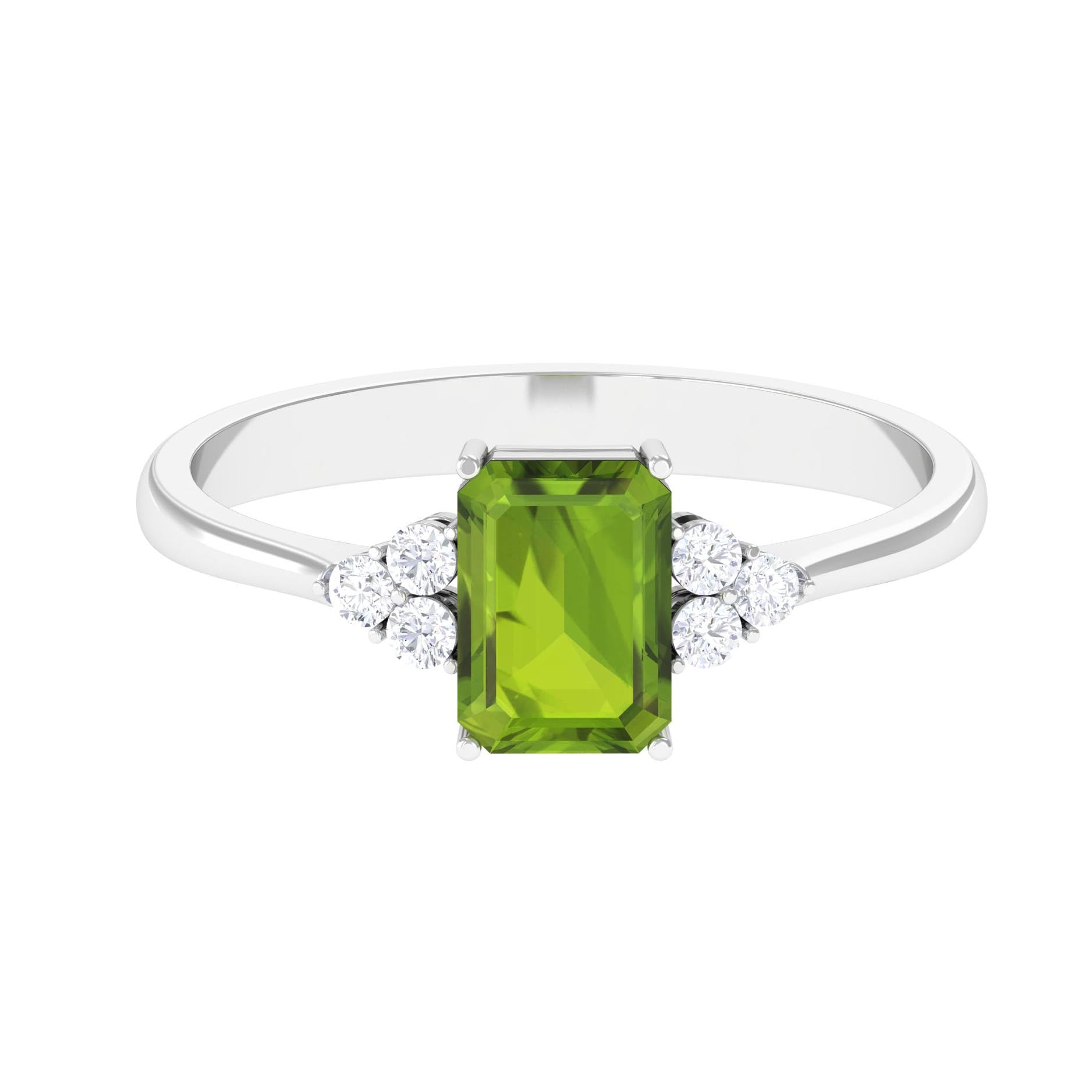 Emerald Cut Peridot Engagement Ring with Diamond Trio Peridot - ( AAA ) - Quality - Rosec Jewels