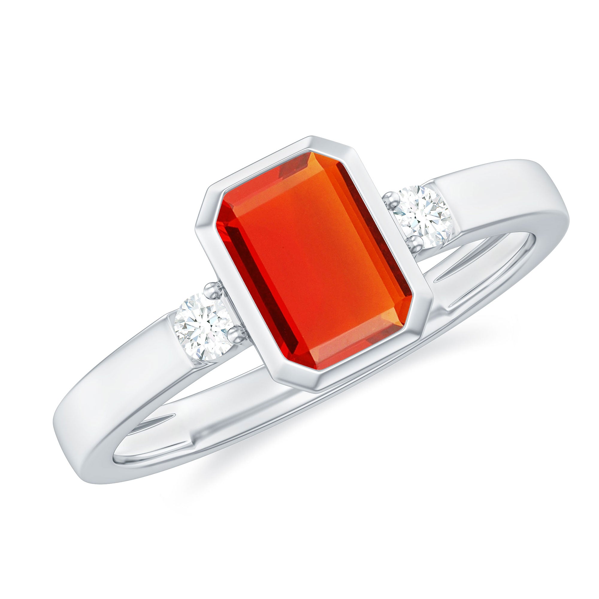 Bezel Set Octagon Cut Fire Opal Solitaire Ring with Diamond Fire Opal - ( AAA ) - Quality - Rosec Jewels