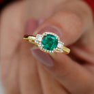 Cushion Cut Lab Grown Emerald Cocktail Engagement Ring with Diamond Lab Created Emerald - ( AAAA ) - Quality - Rosec Jewels