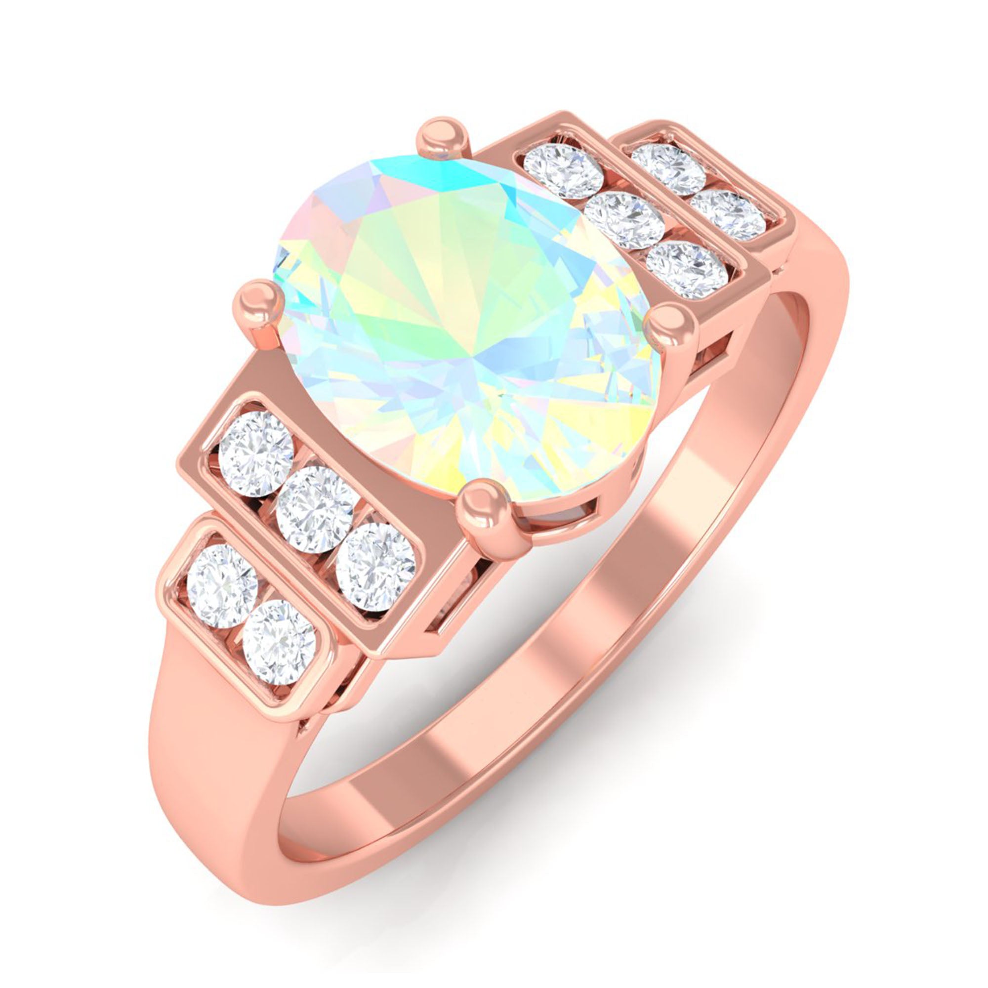 Oval Ethiopian Opal Solitaire Ring with Diamond Collar Ethiopian Opal - ( AAA ) - Quality - Rosec Jewels