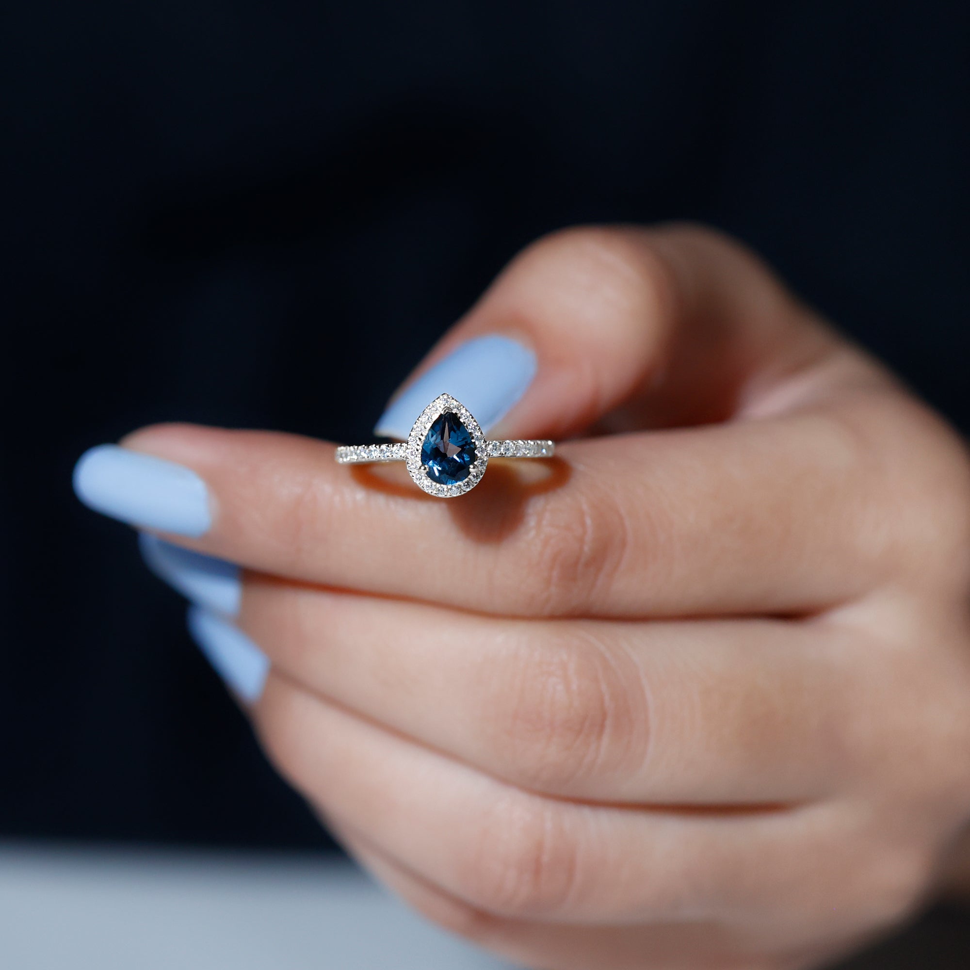 Simple London Blue Topaz Teardrop Ring with Moissanite Halo London Blue Topaz - ( AAA ) - Quality 92.5 Sterling Silver 6 - Rosec Jewels