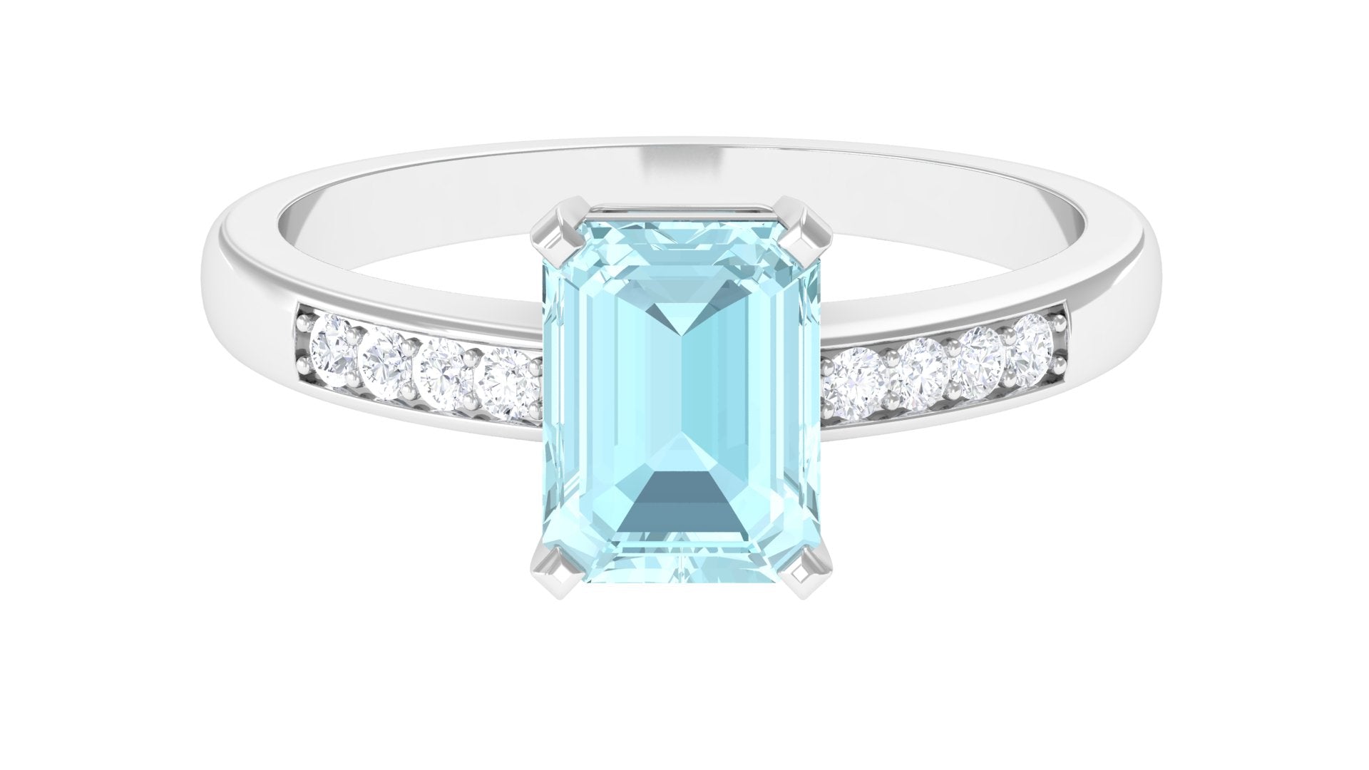 Emerald Cut Shape Sky Blue Topaz Solitaire Engagement Ring with Diamond Side Stones Sky Blue Topaz - ( AAA ) - Quality - Rosec Jewels