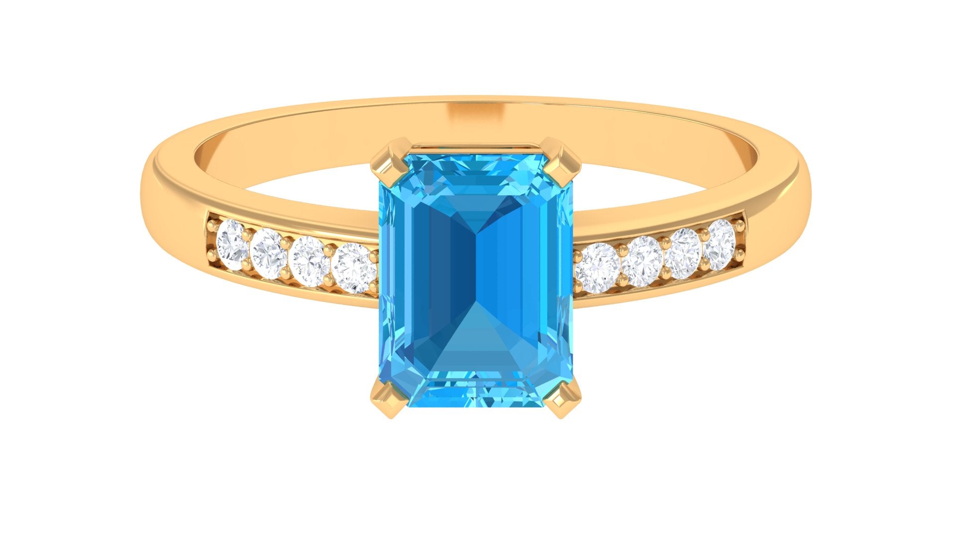 Emerald Cut Swiss Blue Topaz Solitaire Engagement Ring with Diamond Side Stones Swiss Blue Topaz - ( AAA ) - Quality - Rosec Jewels