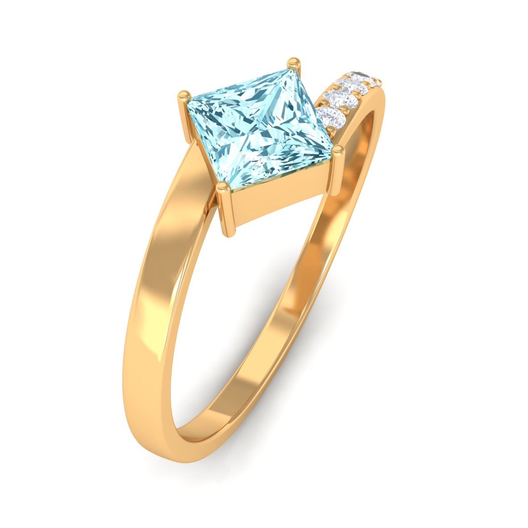 Princess Cut Aquamarine Bypass Solitaire Ring with Diamond Aquamarine - ( AAA ) - Quality - Rosec Jewels