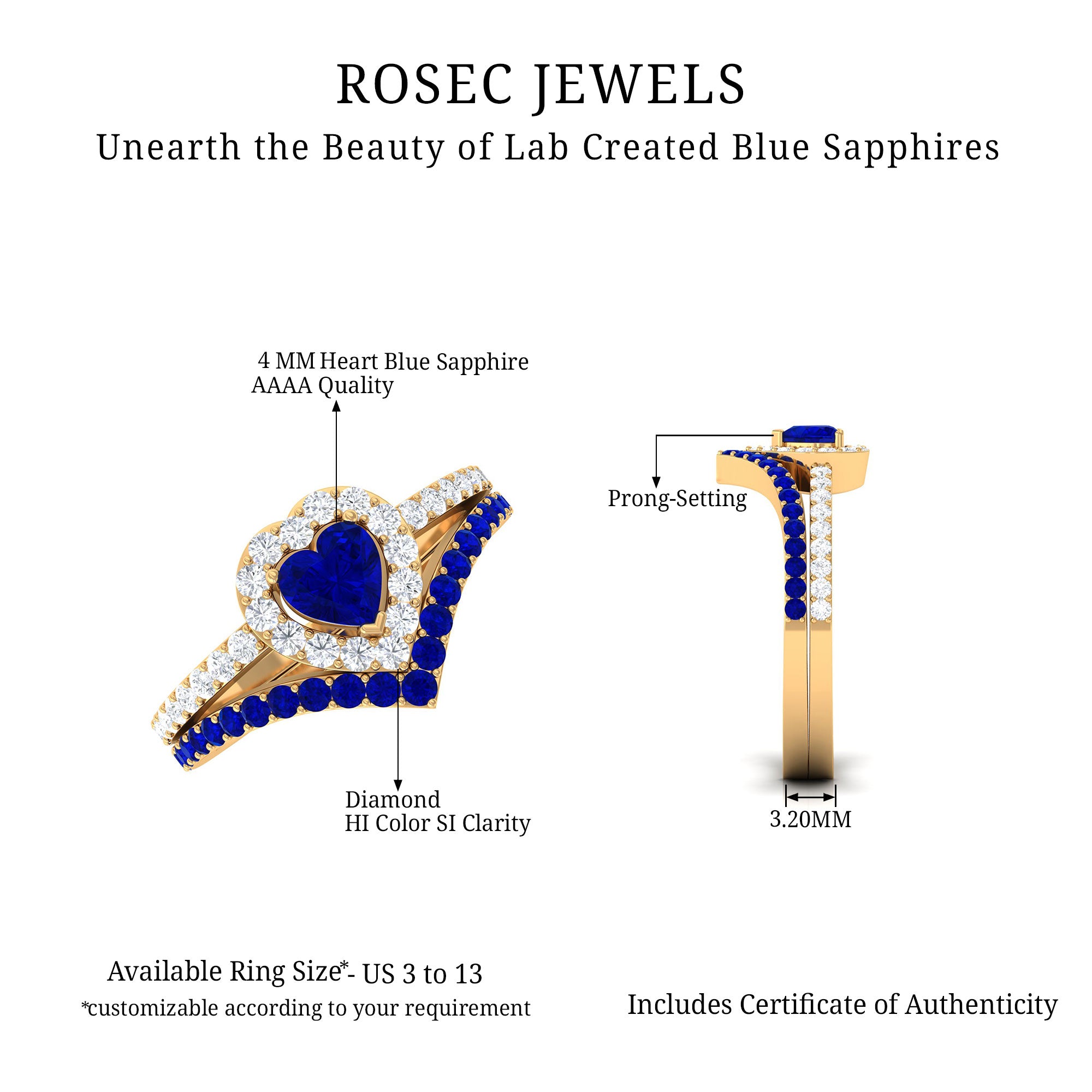 1 CT Created Blue Sapphire and Diamond Heart Wedding Ring Set Lab Created Blue Sapphire - ( AAAA ) - Quality - Rosec Jewels