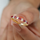 Baguette Cut Ruby Half Eternity Ring with Diamond Accent Ruby - ( AAA ) - Quality - Rosec Jewels