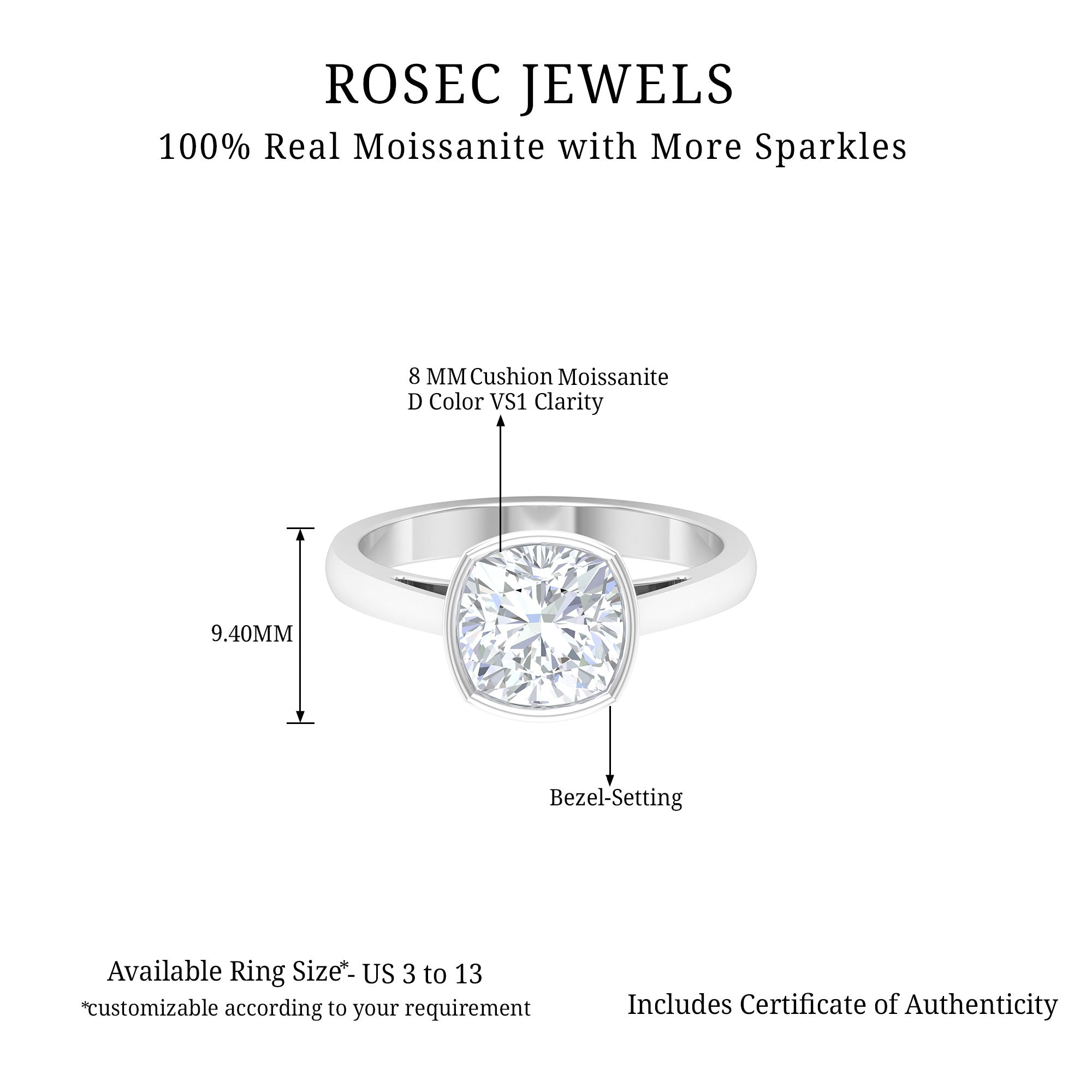 Bezel Set Certified Moissanite Solitaire Engagement Ring Moissanite - ( D-VS1 ) - Color and Clarity - Rosec Jewels