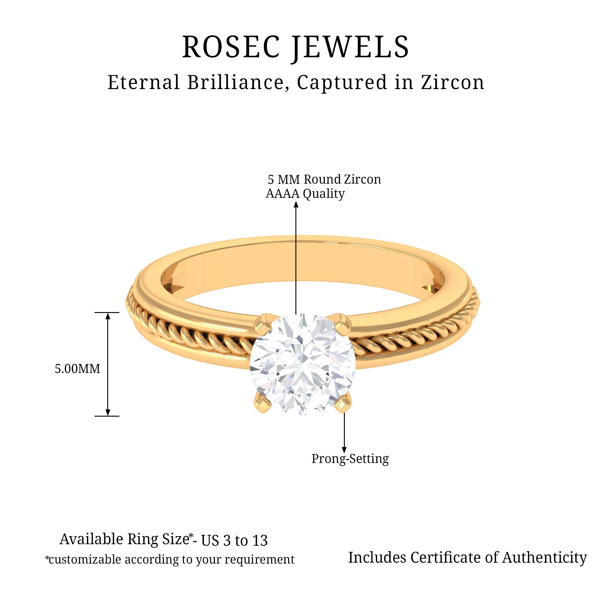 Cubic Zirconia Solitaire Twisted Rope Ring in Square Prong Setting Zircon - ( AAAA ) - Quality - Rosec Jewels