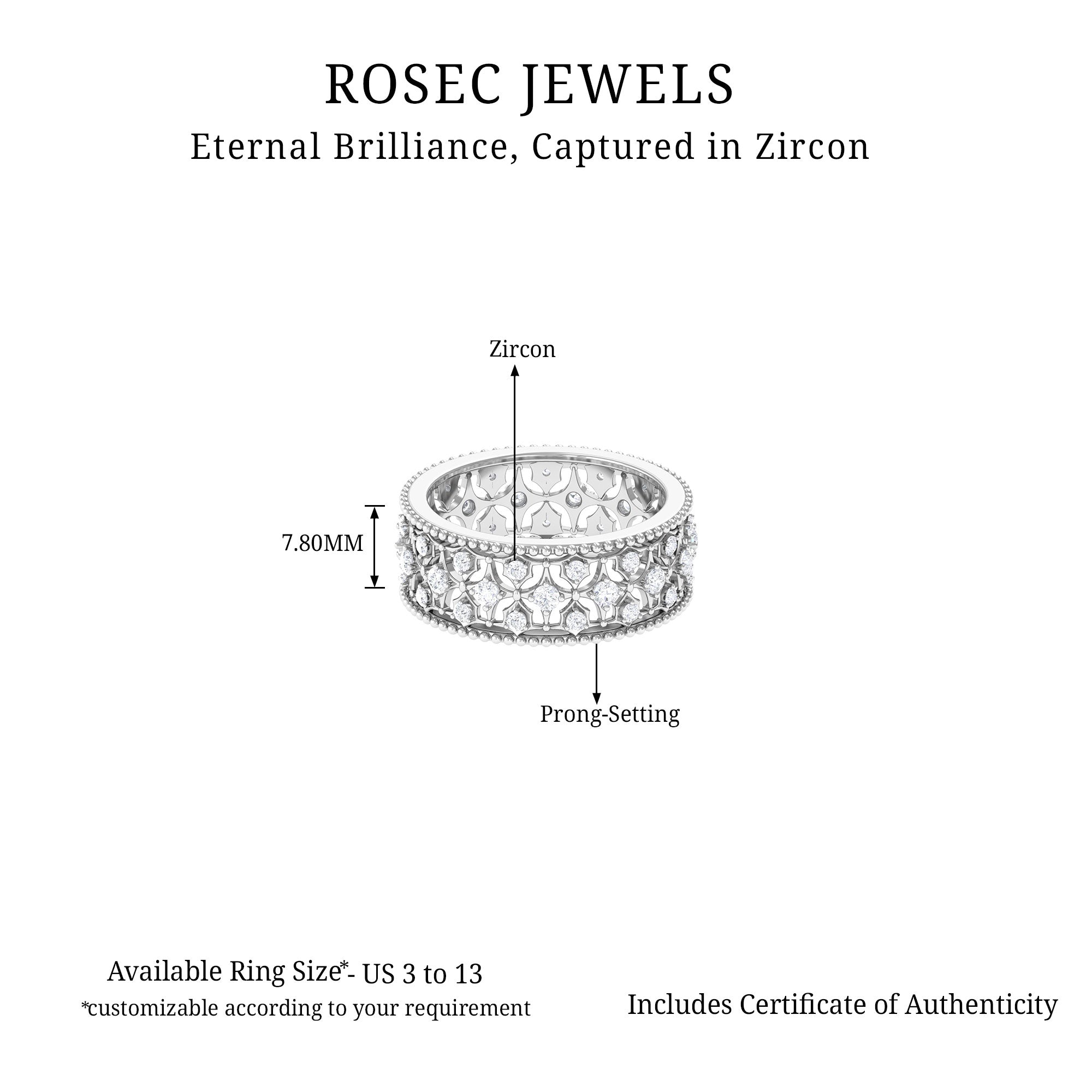 Cubic Zirconia Designer Wedding Band Ring Zircon - ( AAAA ) - Quality 92.5 Sterling Silver 10 - Rosec Jewels