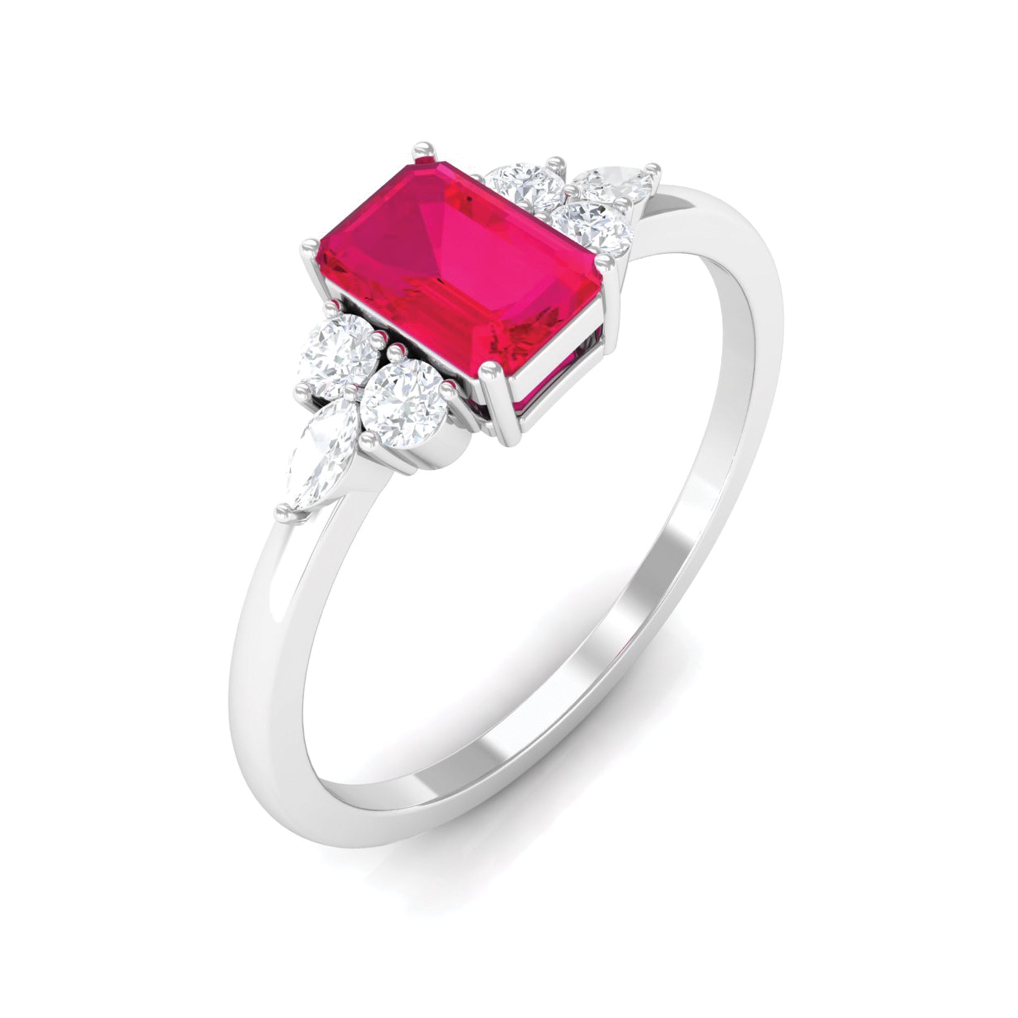 Octagon Cut Ruby Solitaire Ring with Diamond Trio Ruby - ( AAA ) - Quality - Rosec Jewels