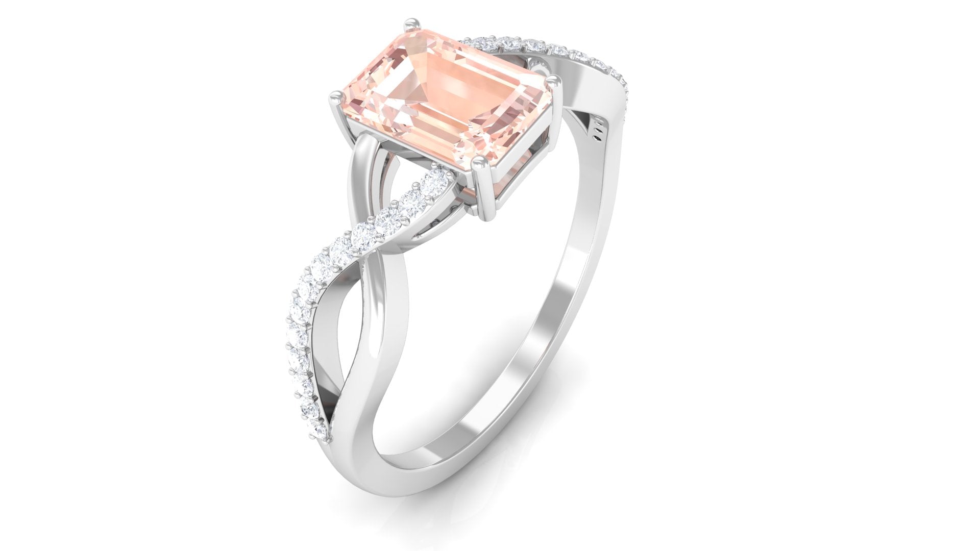 Emerald Cut Morganite Crossover Engagement Ring with Diamond Morganite - ( AAA ) - Quality - Rosec Jewels