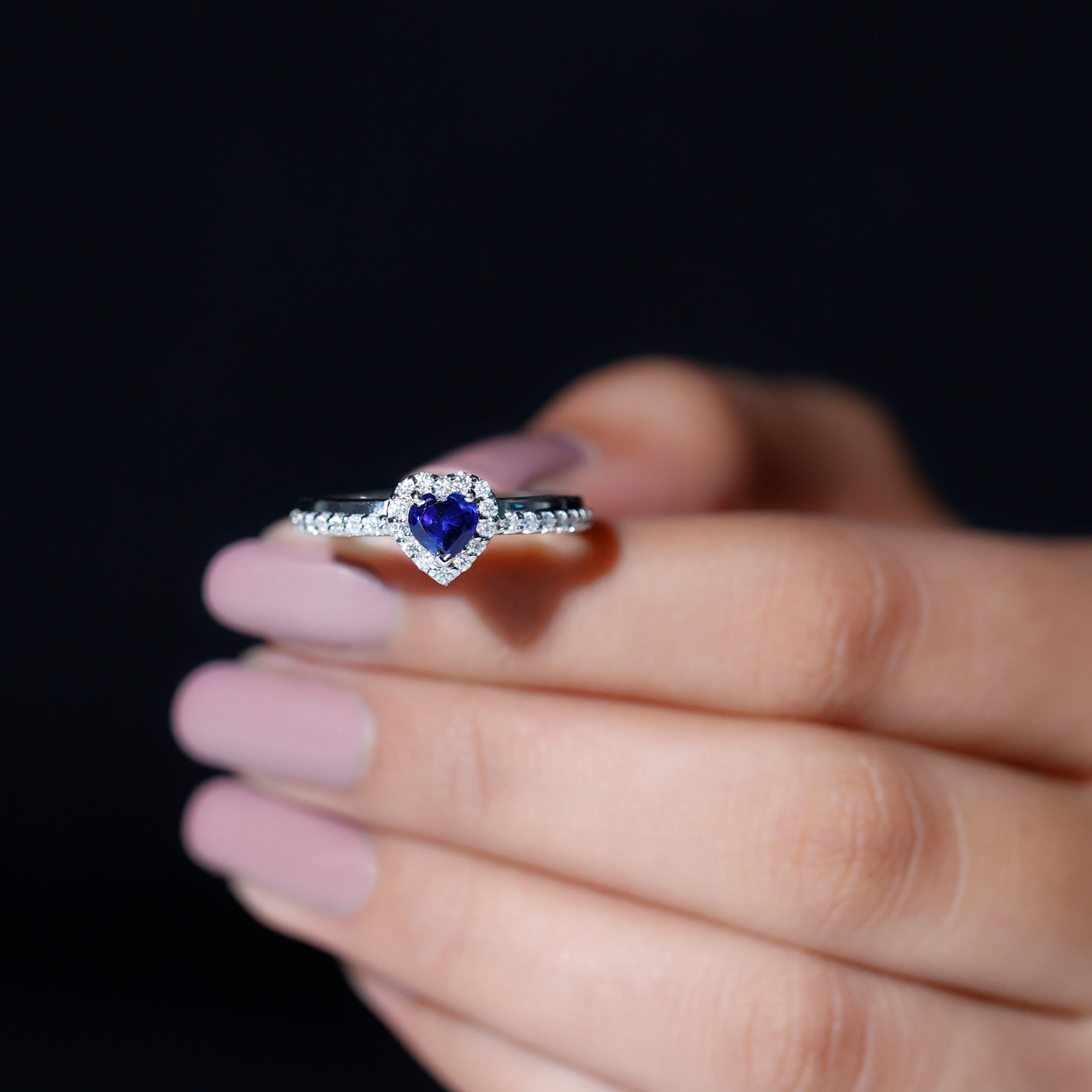 Heart Shaped Created Blue Sapphire Halo Engagement Ring Lab Created Blue Sapphire - ( AAAA ) - Quality - Rosec Jewels