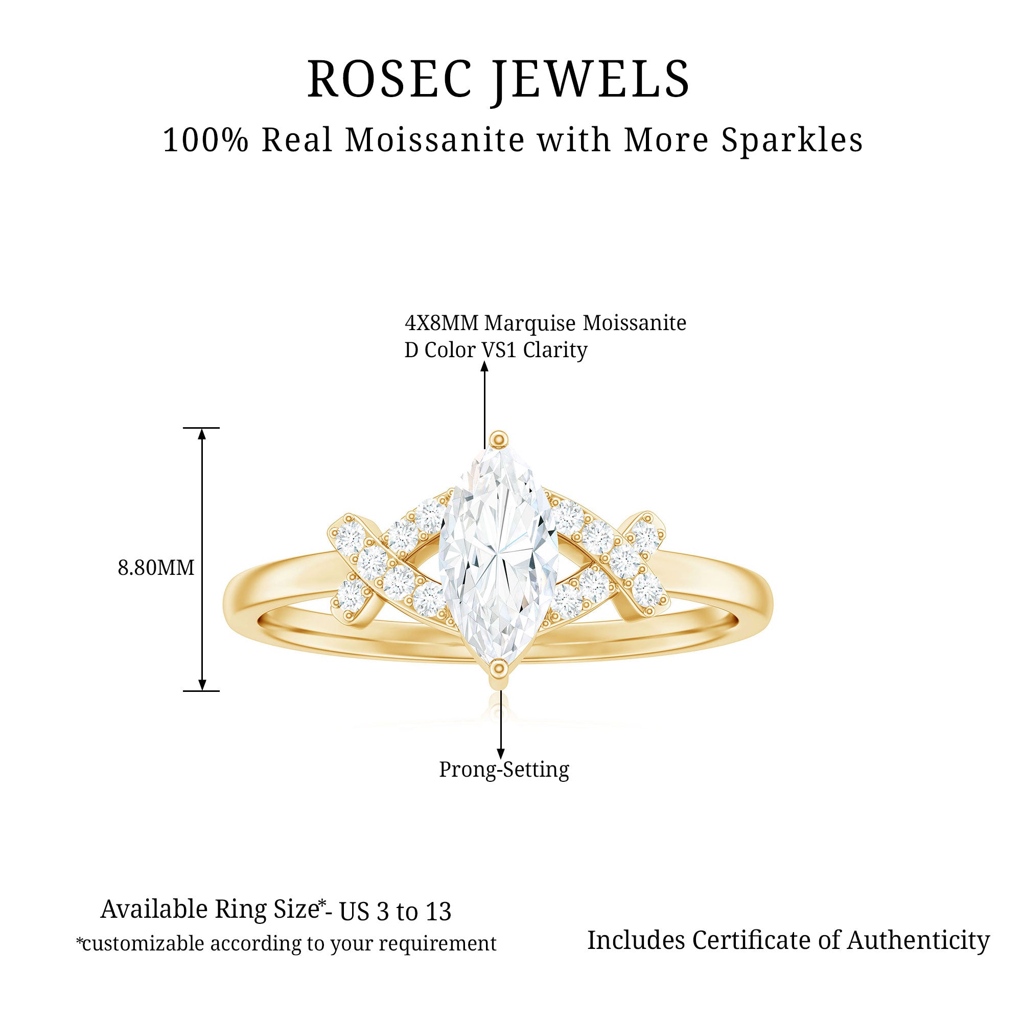 1 Carat Moissanite Marquise Solitaire Ring in Gold Moissanite - ( D-VS1 ) - Color and Clarity - Rosec Jewels