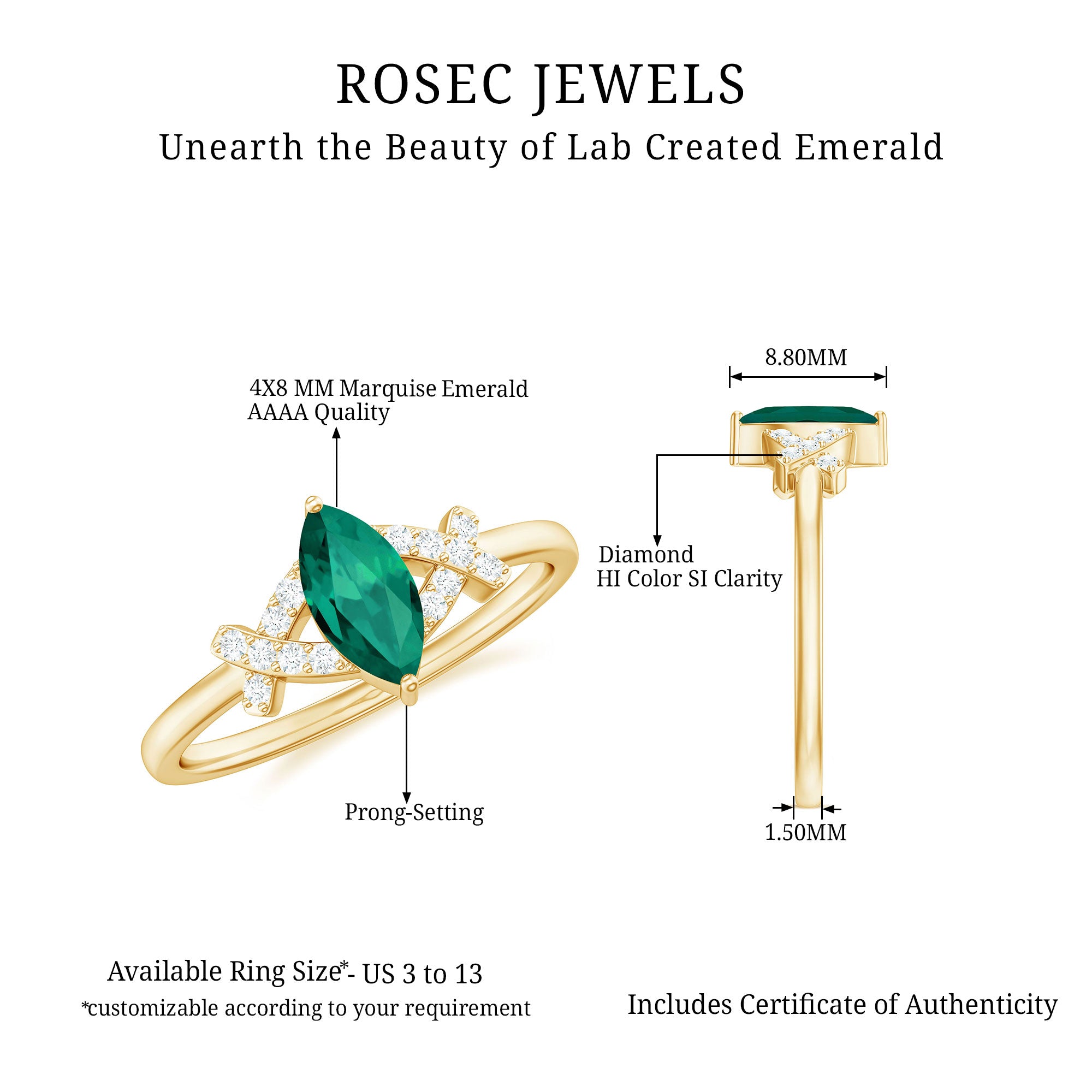 3/4 CT Marquise Cut Created Emerald Solitaire Ring with Diamond Lab Created Emerald - ( AAAA ) - Quality - Rosec Jewels