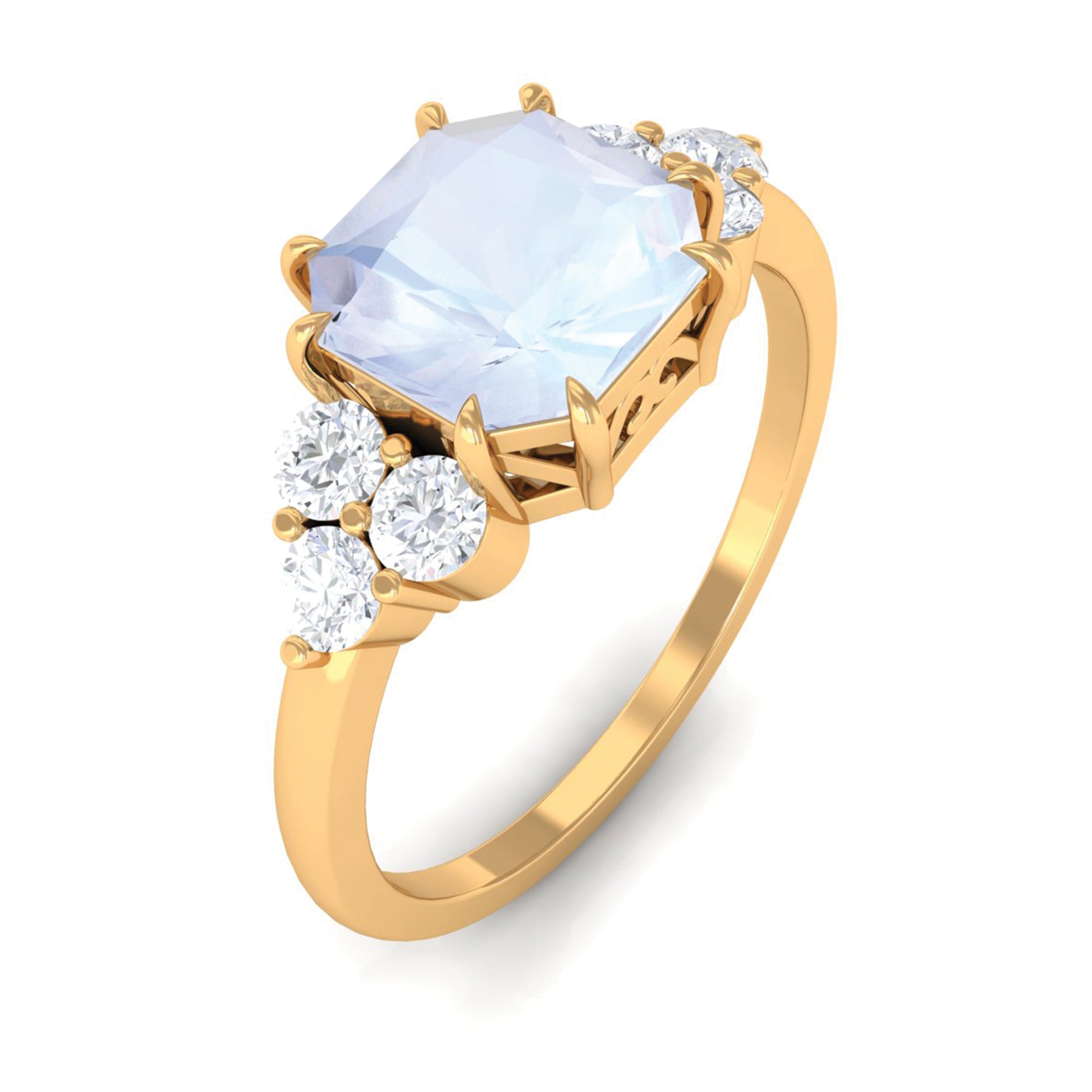 Asscher Cut Moonstone Solitaire Engagement Ring with Diamond Trio Moonstone - ( AAA ) - Quality - Rosec Jewels