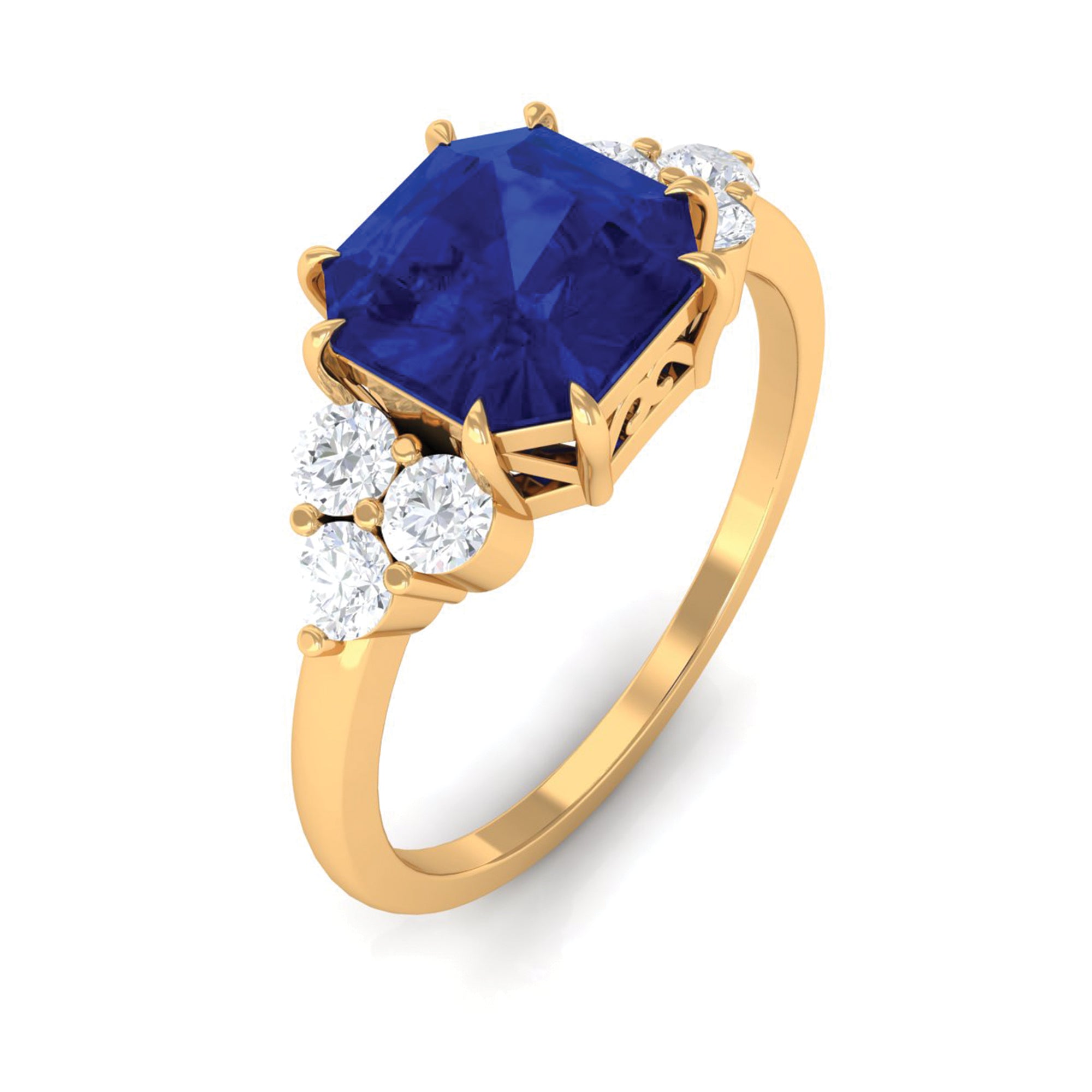 Asscher Cut Created Blue Sapphire Solitaire Engagement Ring with Diamond Trio Lab Created Blue Sapphire - ( AAAA ) - Quality - Rosec Jewels