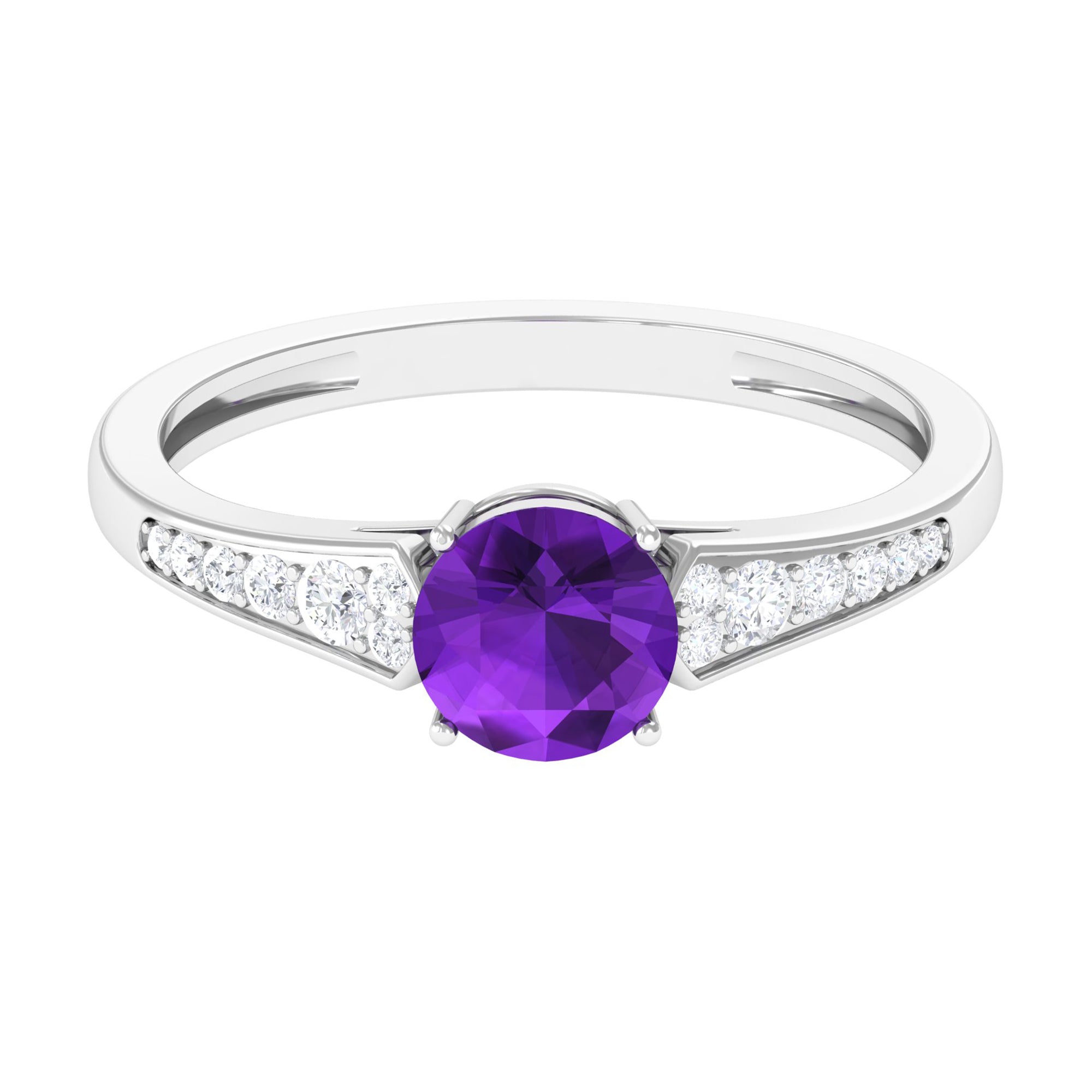 Real Amethyst Solitaire Ring with Diamond Side Stones Amethyst - ( AAA ) - Quality - Rosec Jewels