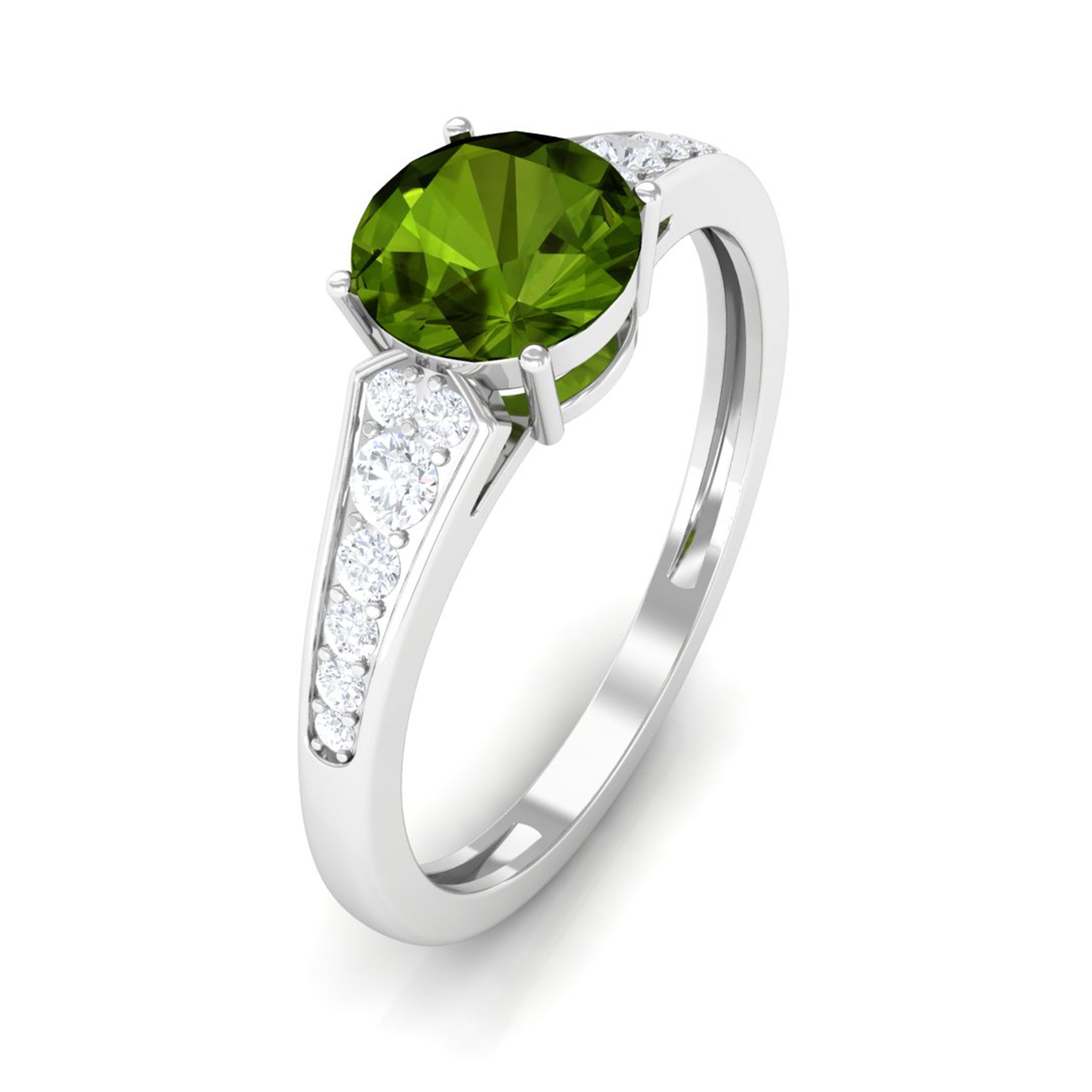 Round Peridot Solitaire Ring with Diamond Side Stones Peridot - ( AAA ) - Quality - Rosec Jewels