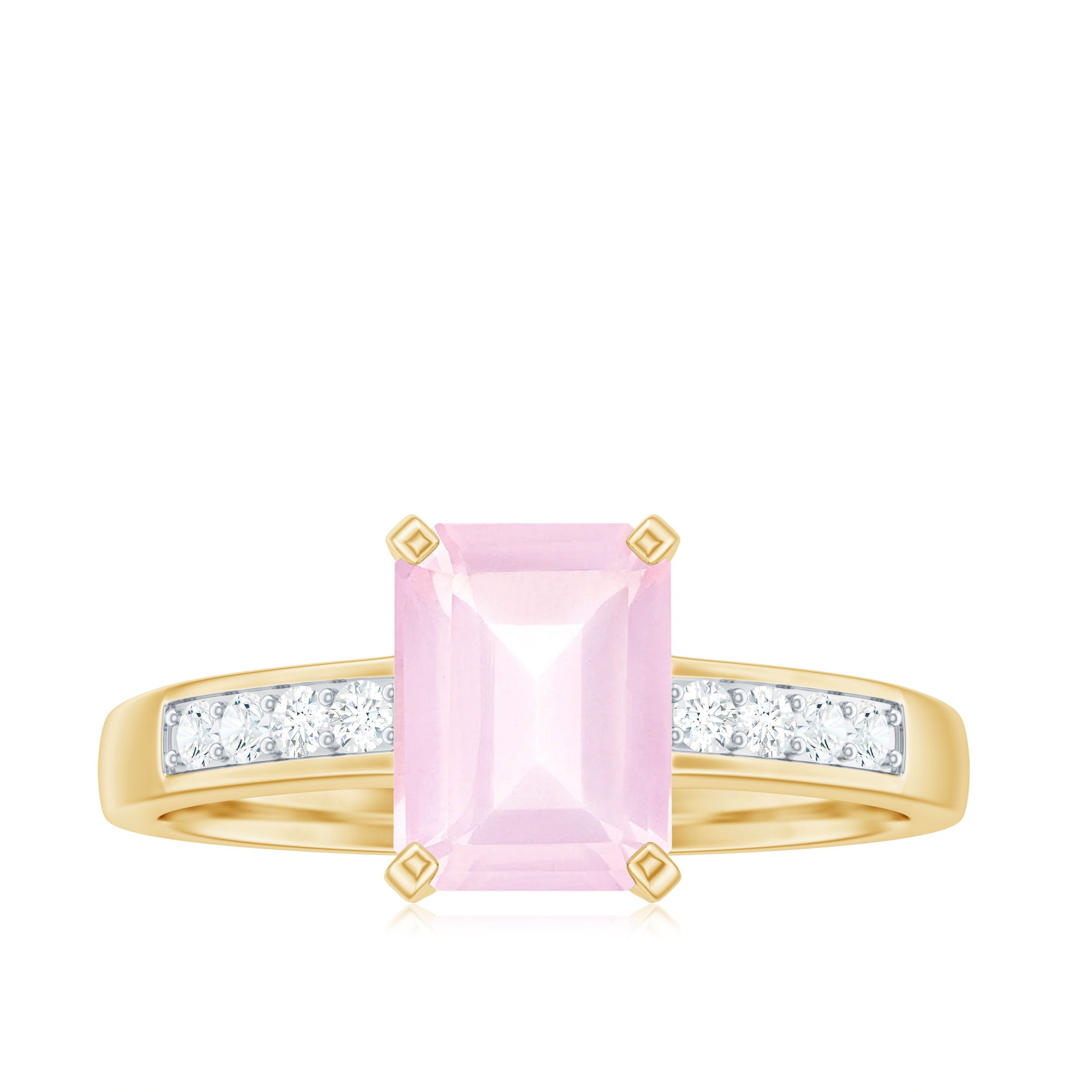 Octagon Cut Rose Quartz Solitaire Engagement Ring with Diamond Side Stones Rose Quartz - ( AAA ) - Quality - Rosec Jewels