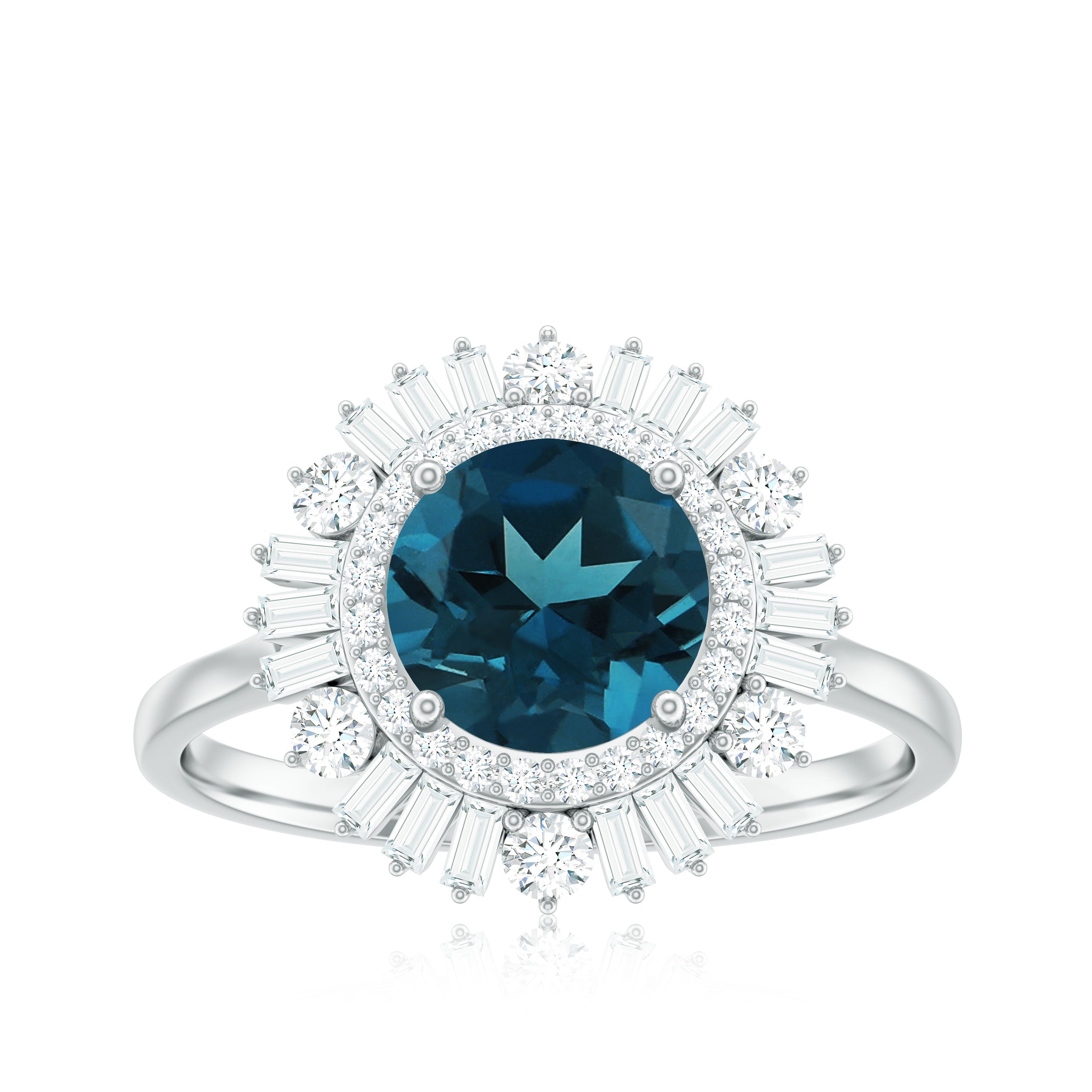 Round London Blue Topaz Cocktail Ring with Diamond Double Halo London Blue Topaz - ( AAA ) - Quality - Rosec Jewels