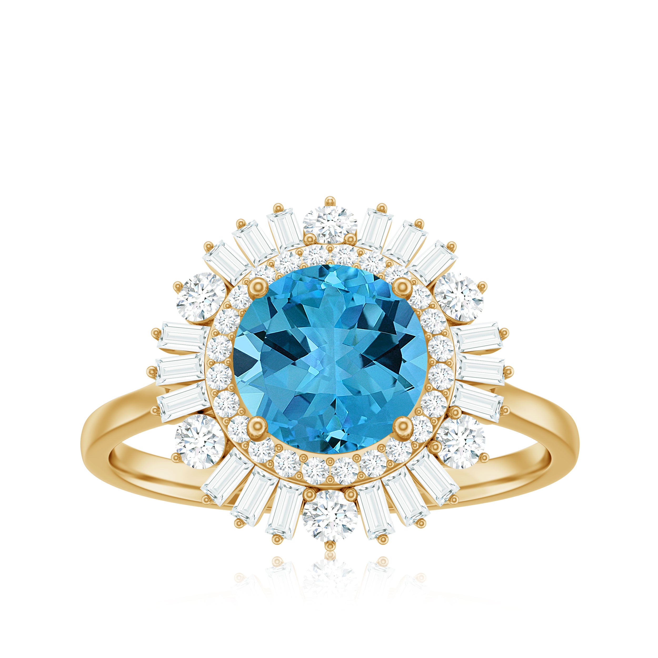 Round Swiss Blue Topaz Cocktail Ring with Moissanite Double Halo Swiss Blue Topaz - ( AAA ) - Quality - Rosec Jewels