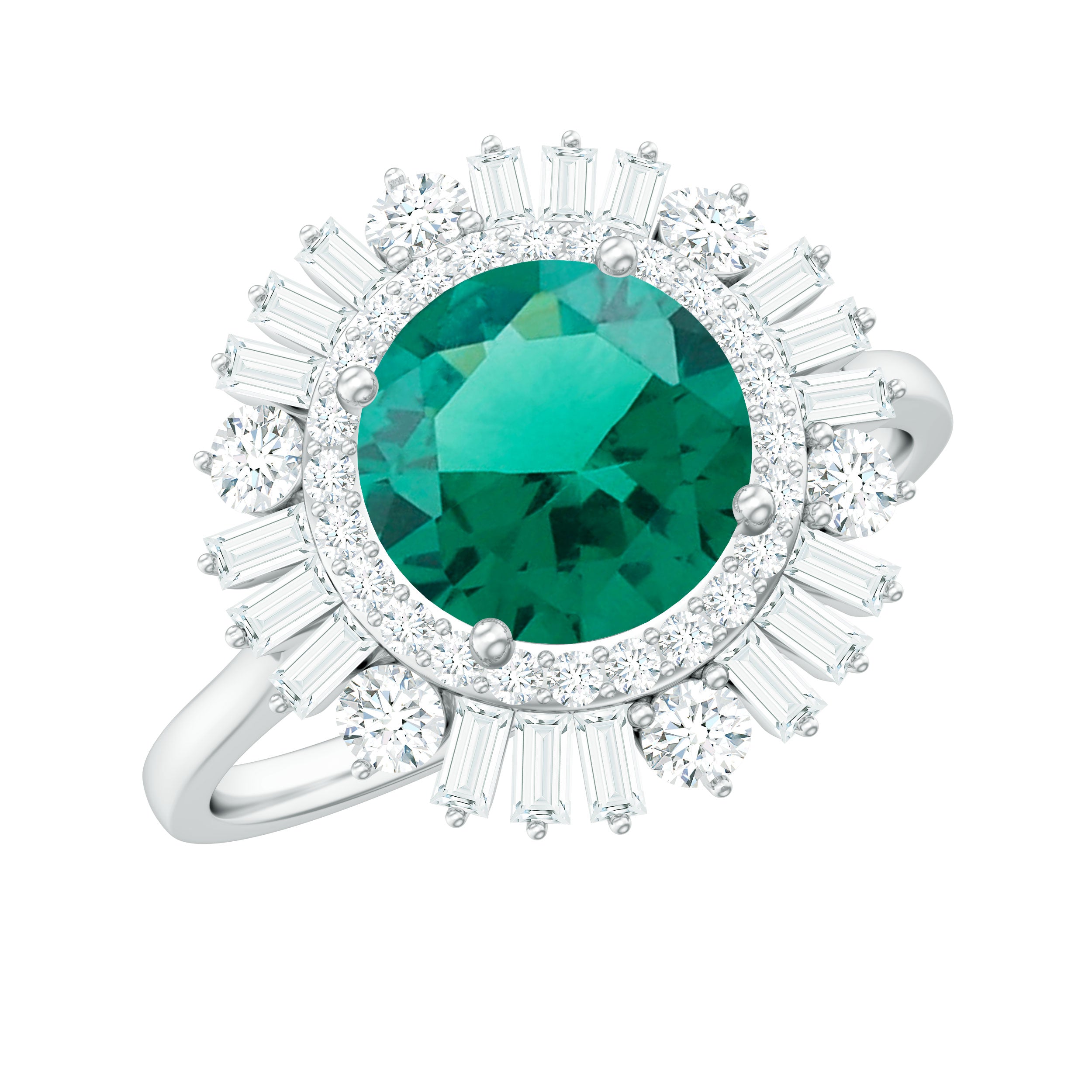 Round Created Emerald Cocktail Ring with Moissanite Double Halo Lab Created Emerald - ( AAAA ) - Quality - Rosec Jewels