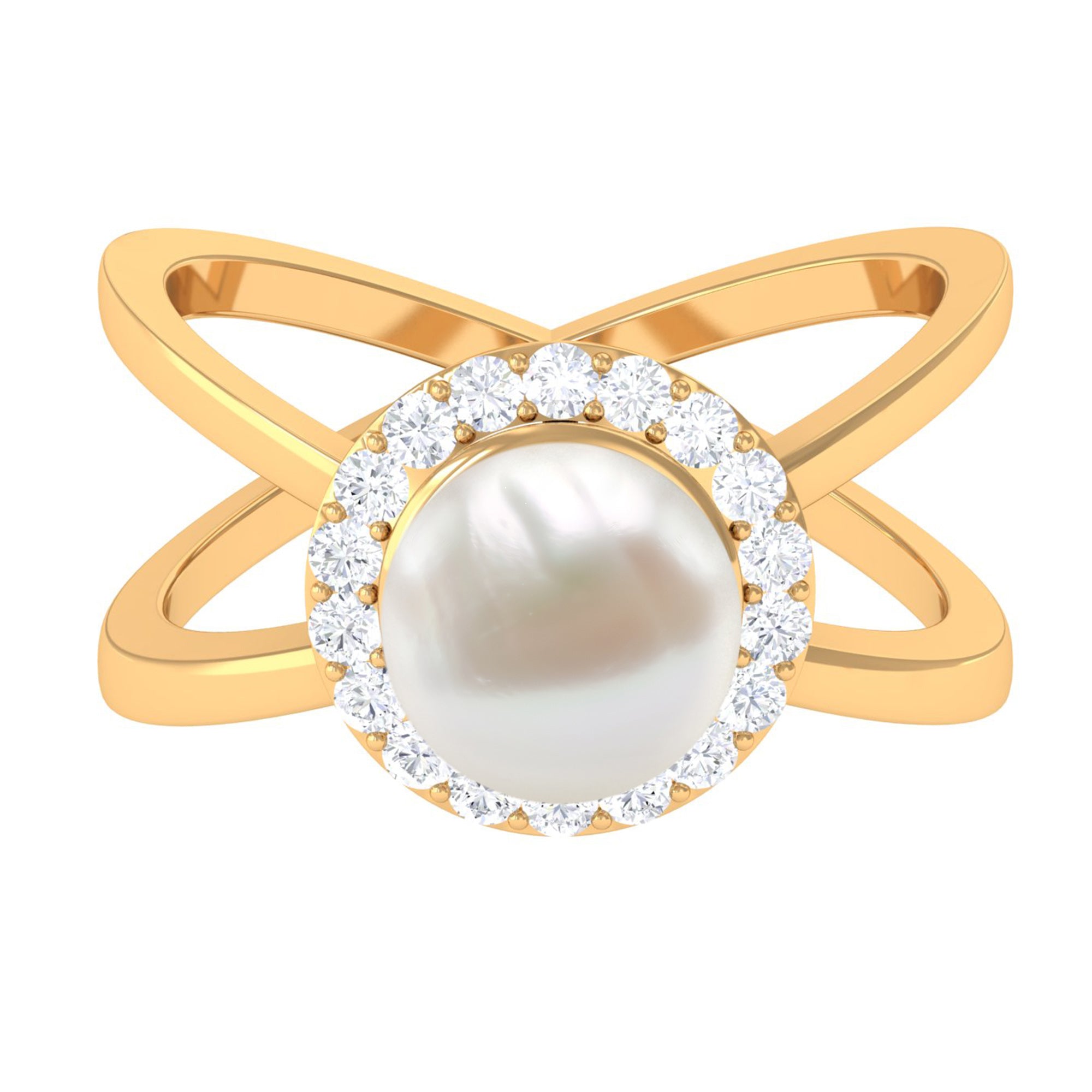 Freshwater Pearl Criss Cross Engagement Ring with Diamond Halo Freshwater Pearl - ( AAA ) - Quality - Rosec Jewels