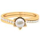 Freshwater Pearl and Diamond Flower Ring in Bypass Shank Freshwater Pearl - ( AAA ) - Quality - Rosec Jewels