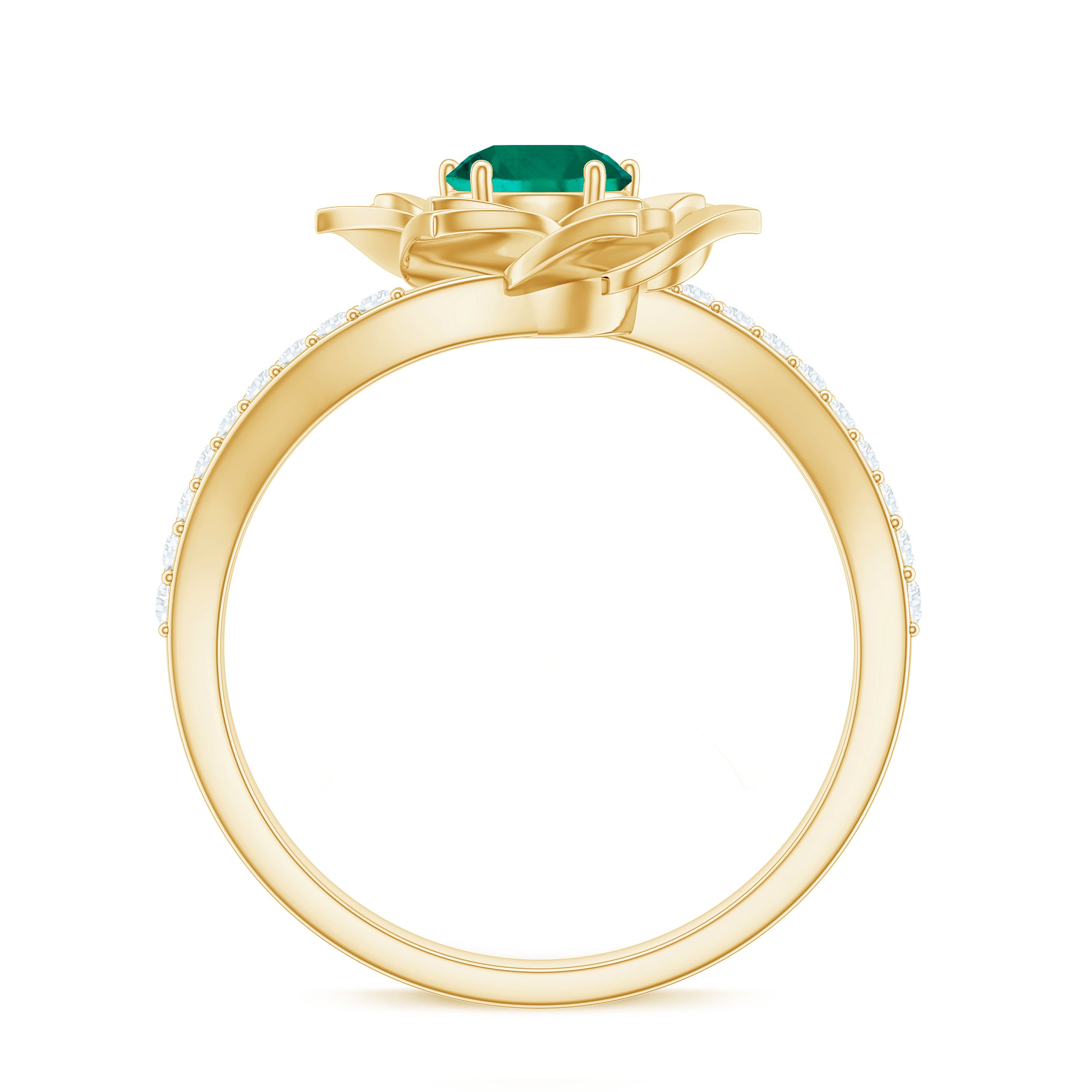 Created Emerald and Diamond Flower Engagement Ring with Bypass Shank Lab Created Emerald - ( AAAA ) - Quality - Rosec Jewels