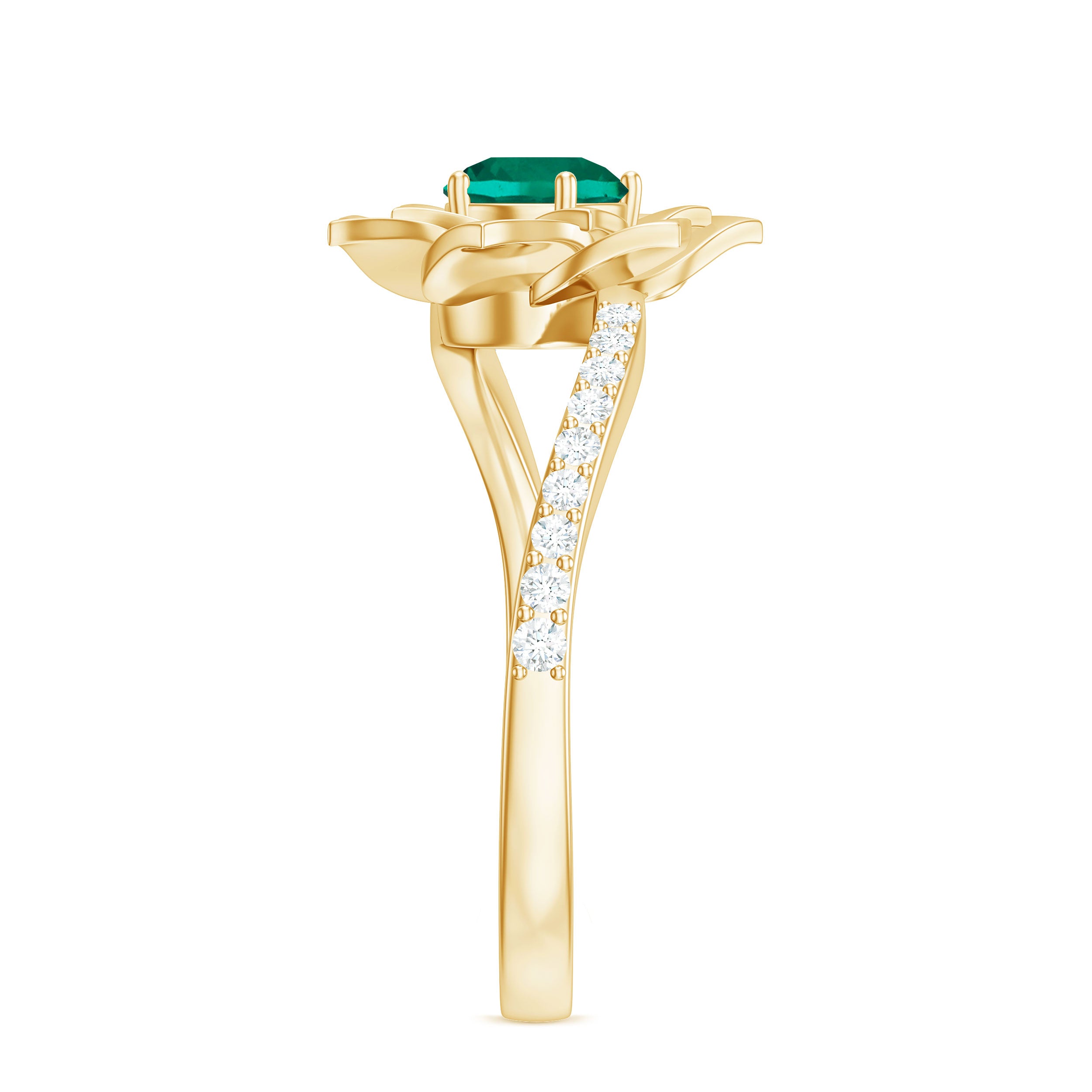 Created Emerald and Diamond Flower Engagement Ring with Bypass Shank Lab Created Emerald - ( AAAA ) - Quality - Rosec Jewels