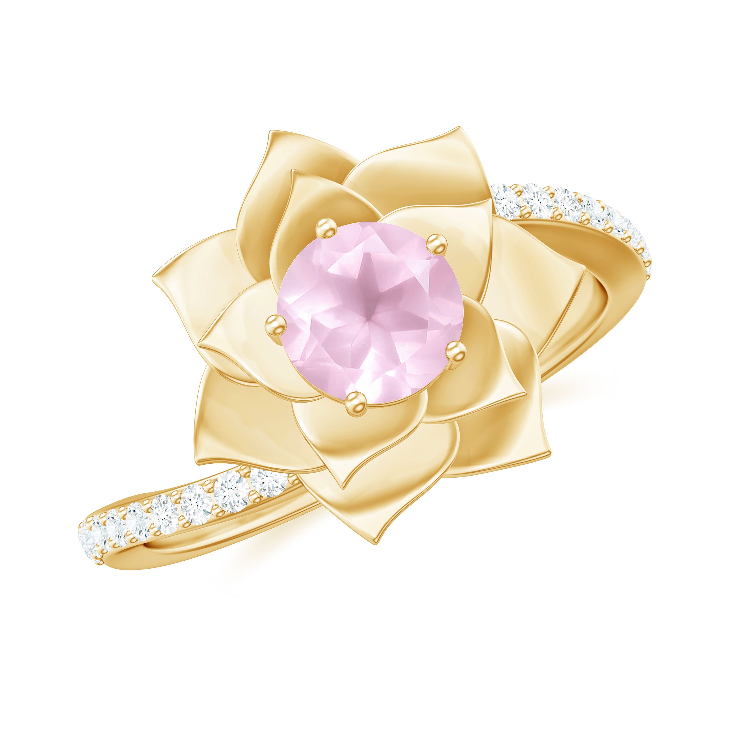 Rose Quartz and Diamond Flower Engagement Ring with Bypass Shank Rose Quartz - ( AAA ) - Quality - Rosec Jewels