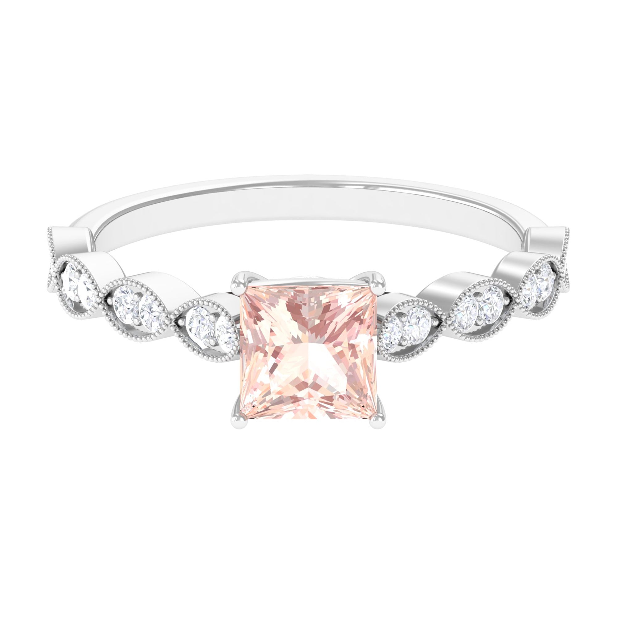 1.25 CT Princess Cut Morganite Solitaire Ring with Diamond Side Stones Morganite - ( AAA ) - Quality - Rosec Jewels