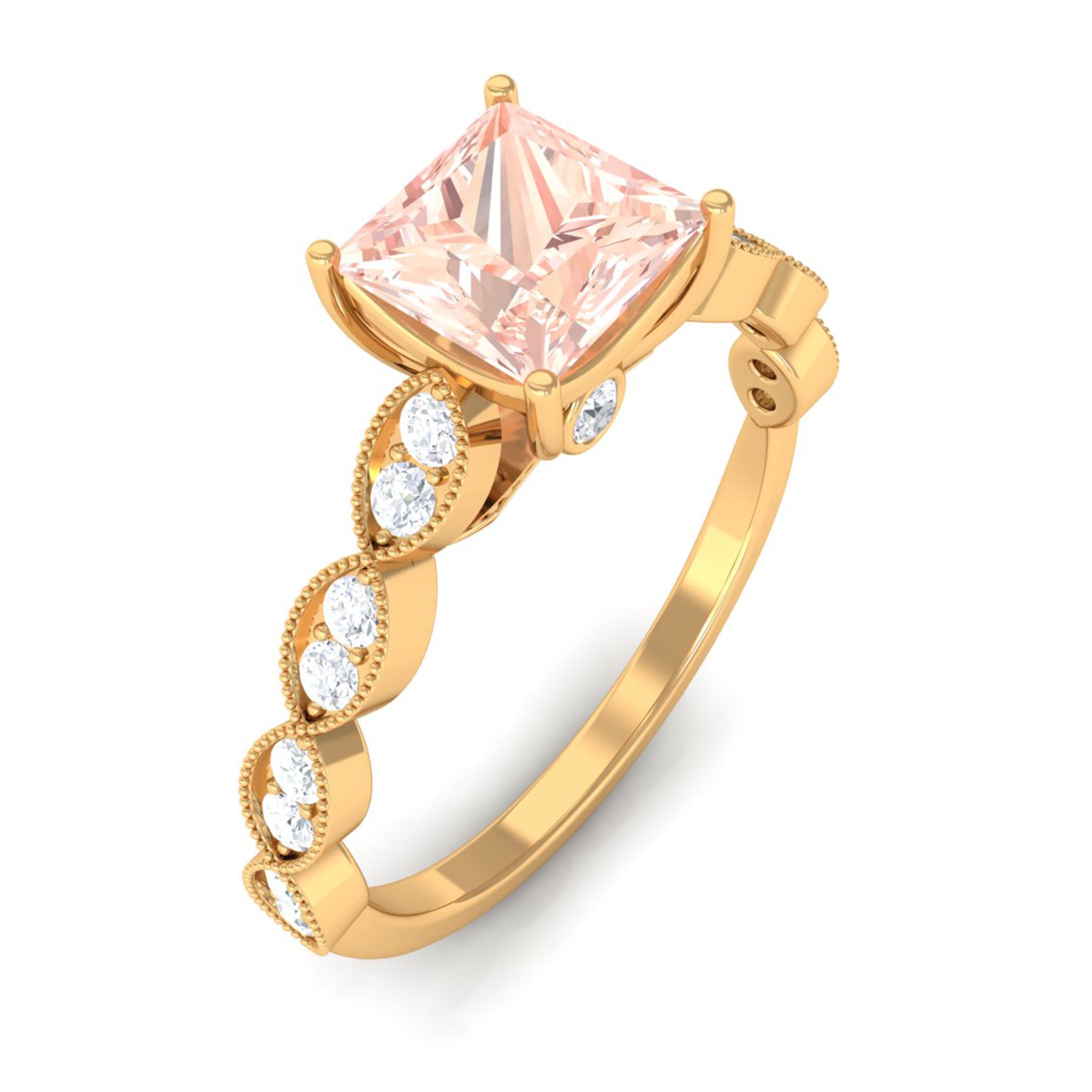 1.25 CT Princess Cut Morganite Solitaire Ring with Diamond Side Stones Morganite - ( AAA ) - Quality - Rosec Jewels