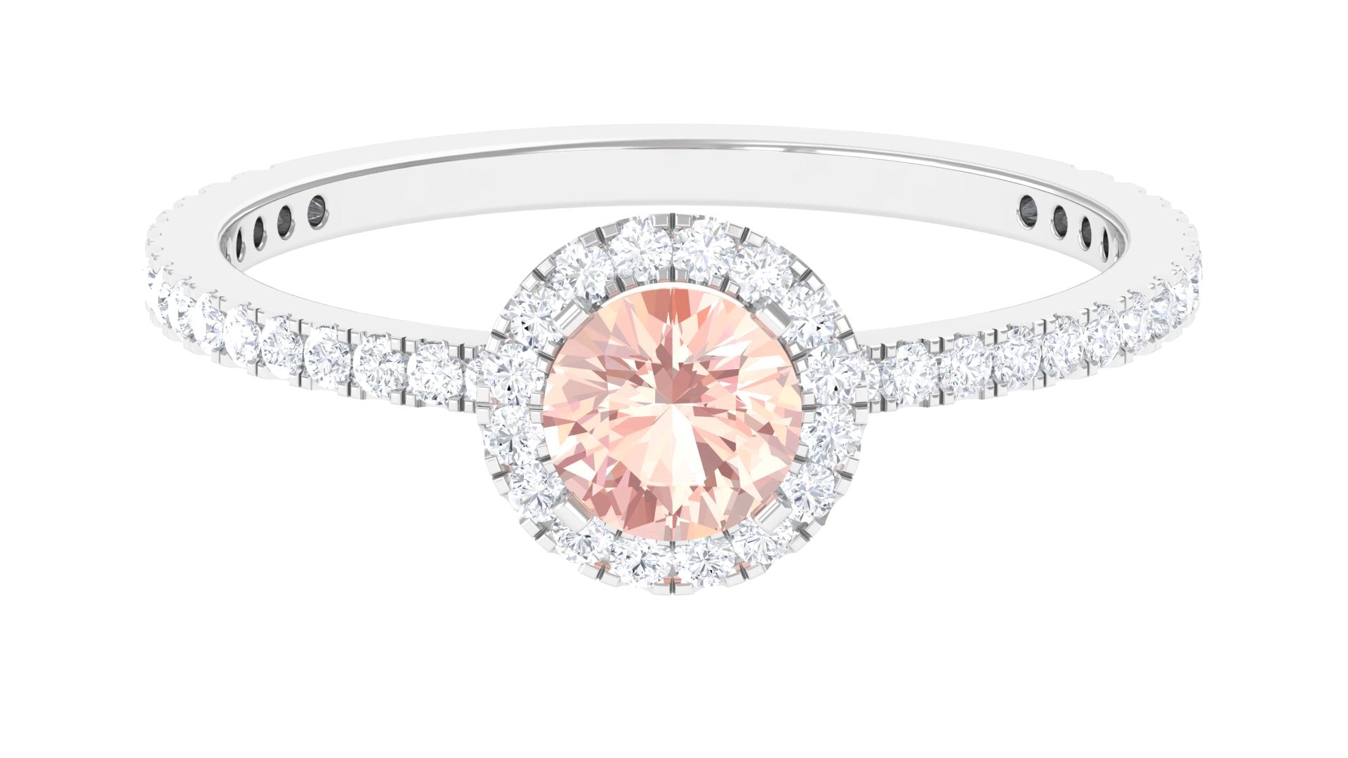 Round Shape Morganite Halo Engagement Ring with Diamond Morganite - ( AAA ) - Quality - Rosec Jewels