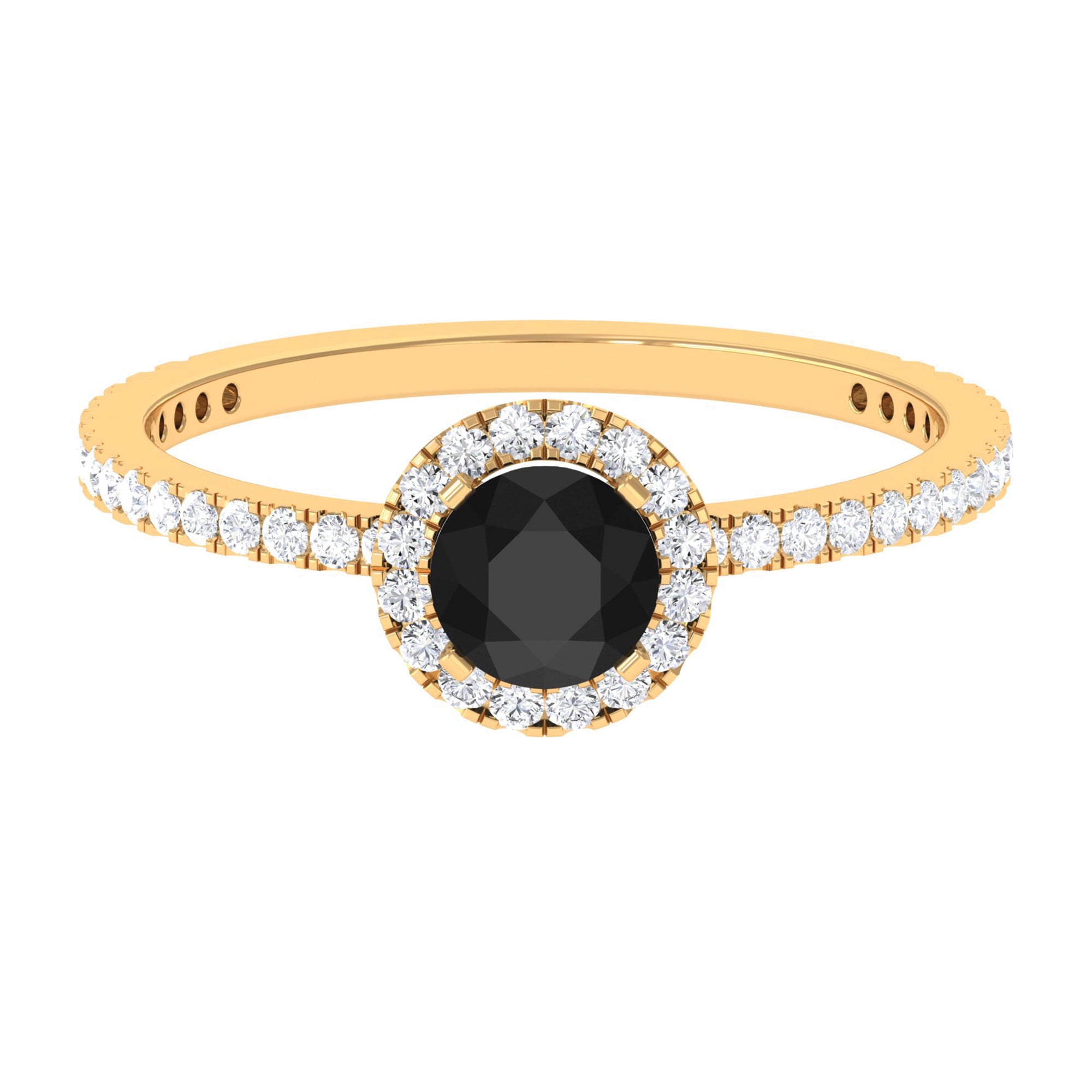 Round Shape Black Onyx Halo Engagement Ring with Diamond Black Onyx - ( AAA ) - Quality - Rosec Jewels