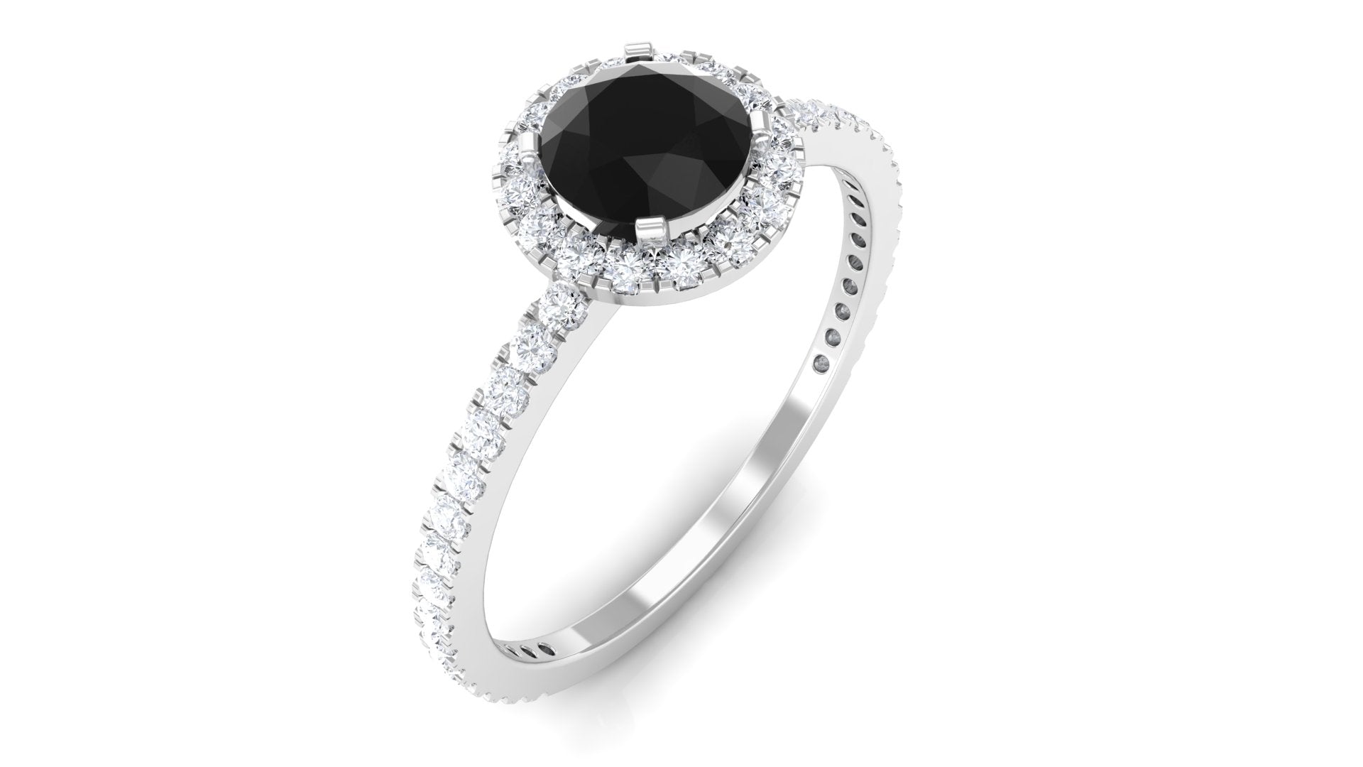 Round Black Spinel Halo Engagement Ring with Diamond Black Spinel - ( AAA ) - Quality - Rosec Jewels