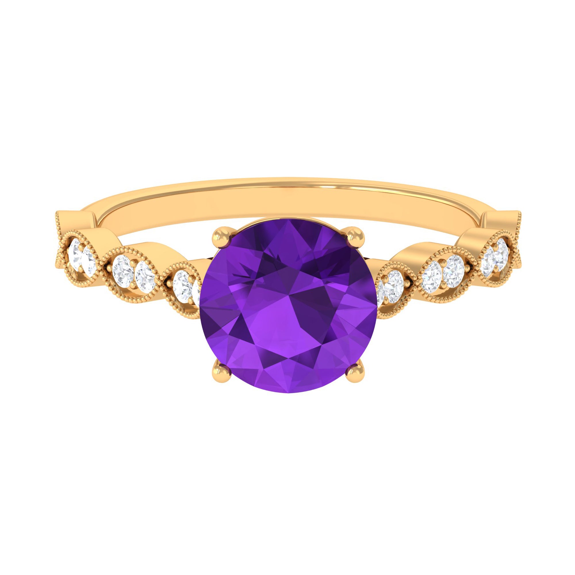 Amethyst and Diamond Solitaire Engagement Ring with Milgrain Details Amethyst - ( AAA ) - Quality - Rosec Jewels