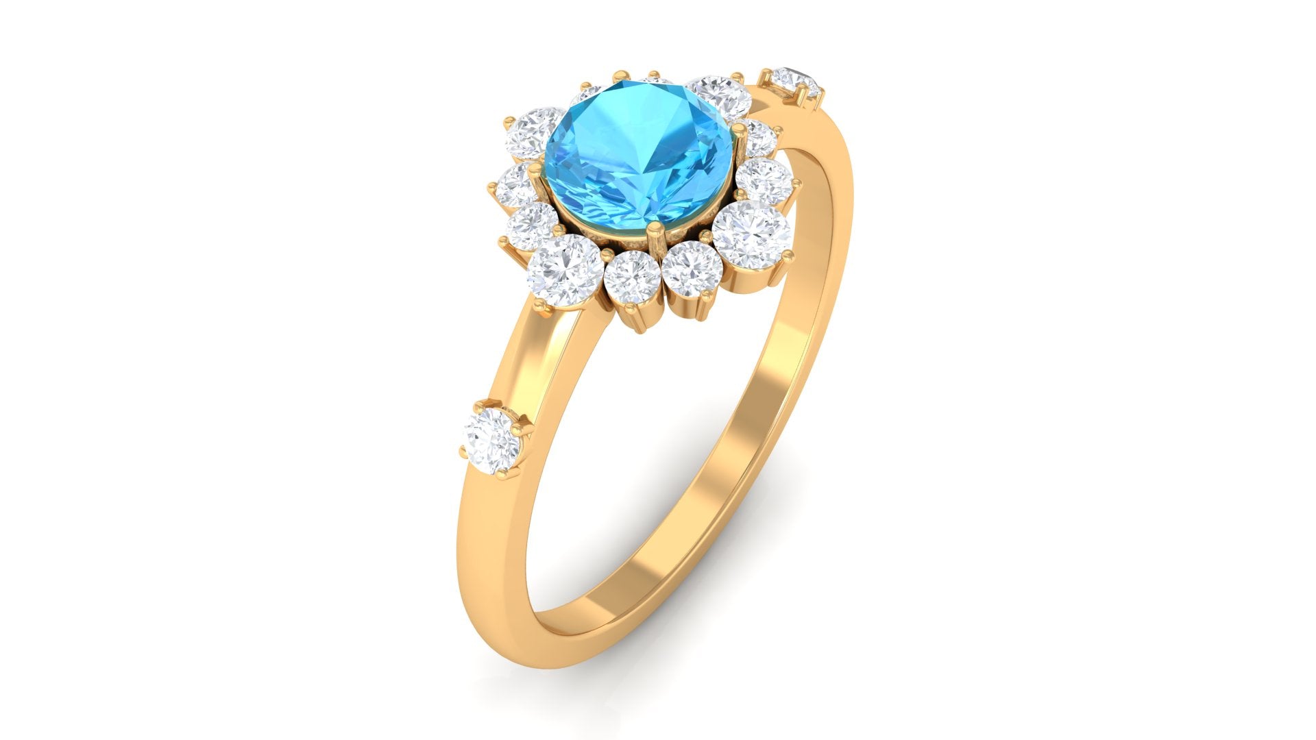 1 CT Round Swiss Blue Topaz and Diamond Halo Engagement Ring Swiss Blue Topaz - ( AAA ) - Quality - Rosec Jewels