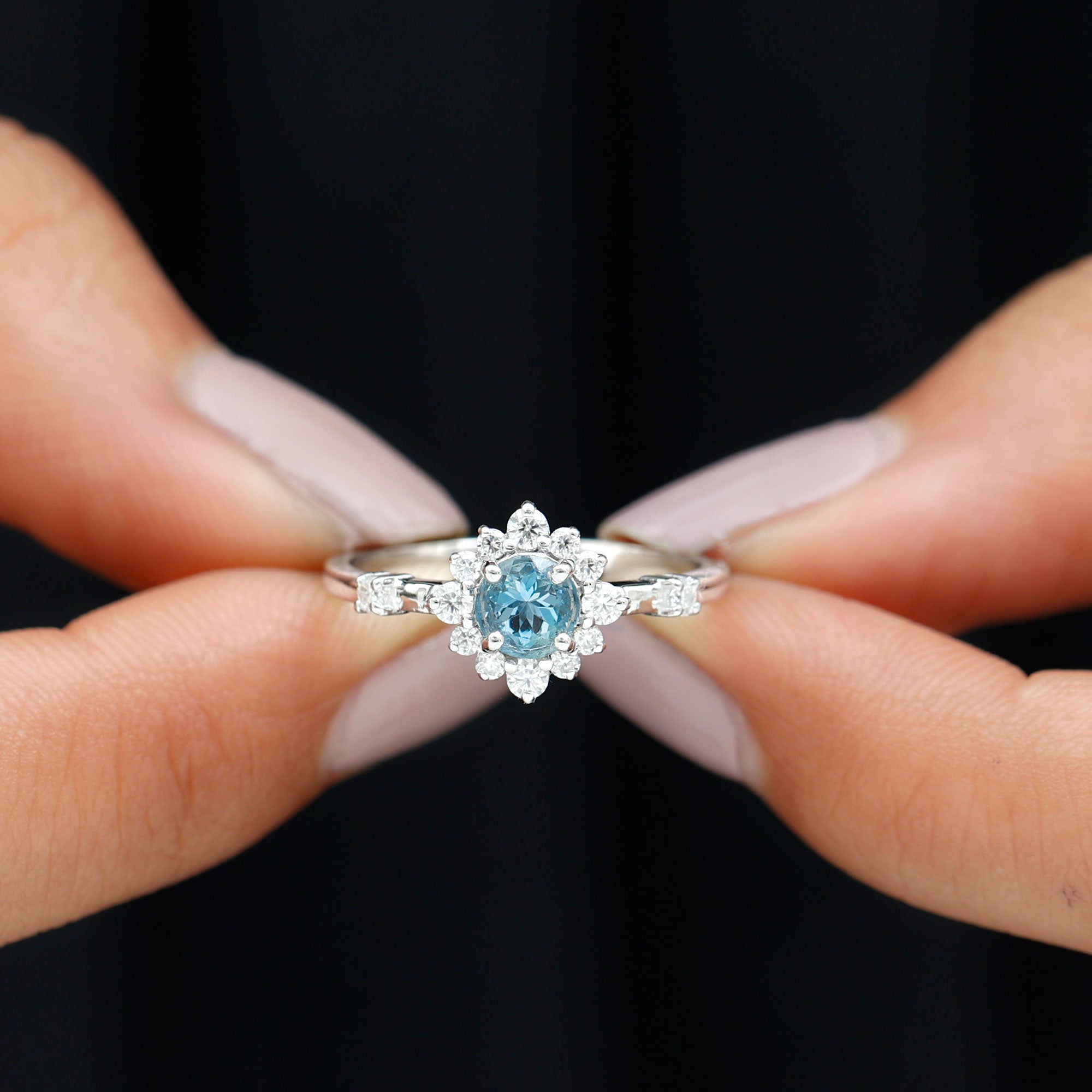 Round Aquamarine and Diamond Classic Halo Ring Aquamarine - ( AAA ) - Quality - Rosec Jewels