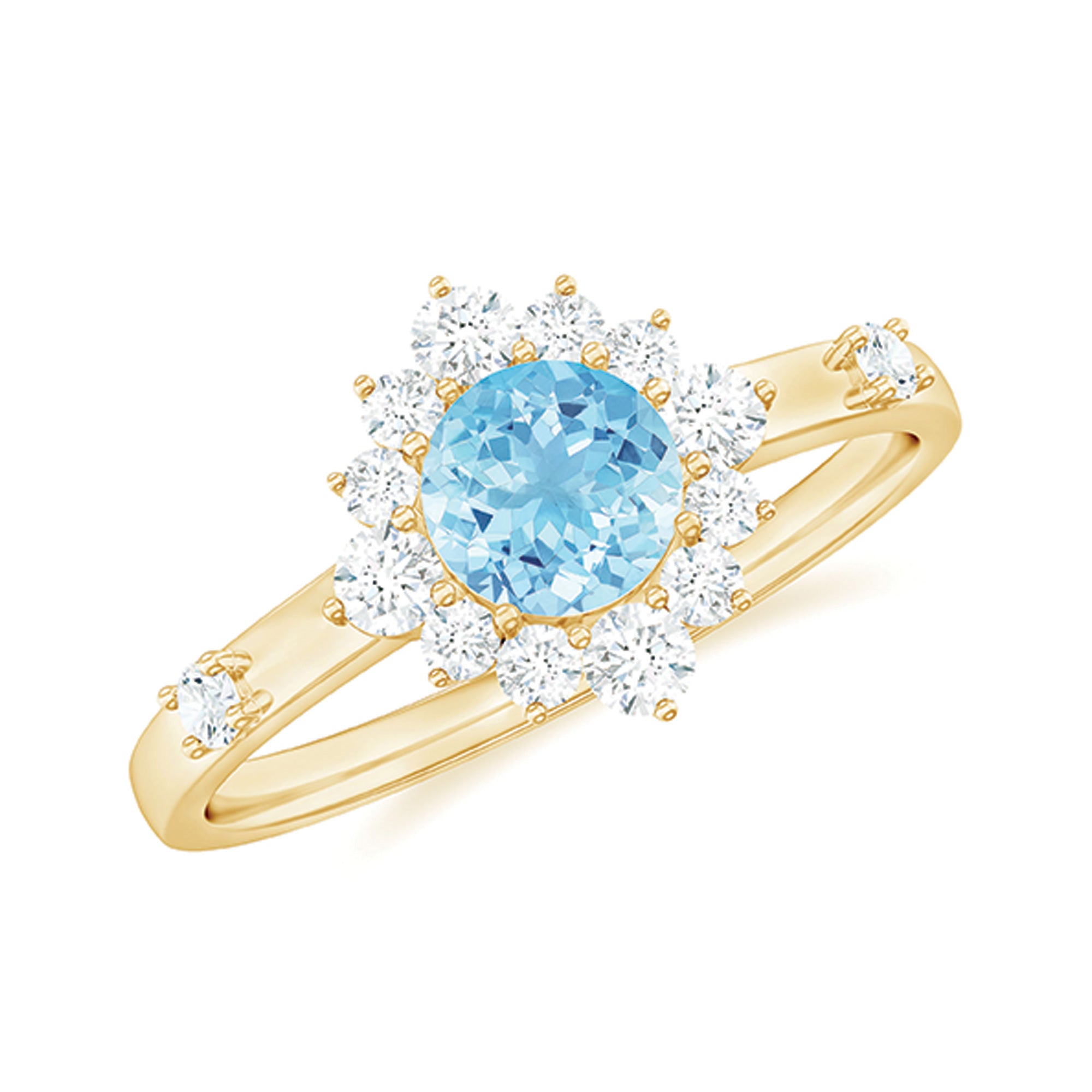 Round Aquamarine and Diamond Classic Halo Ring Aquamarine - ( AAA ) - Quality - Rosec Jewels