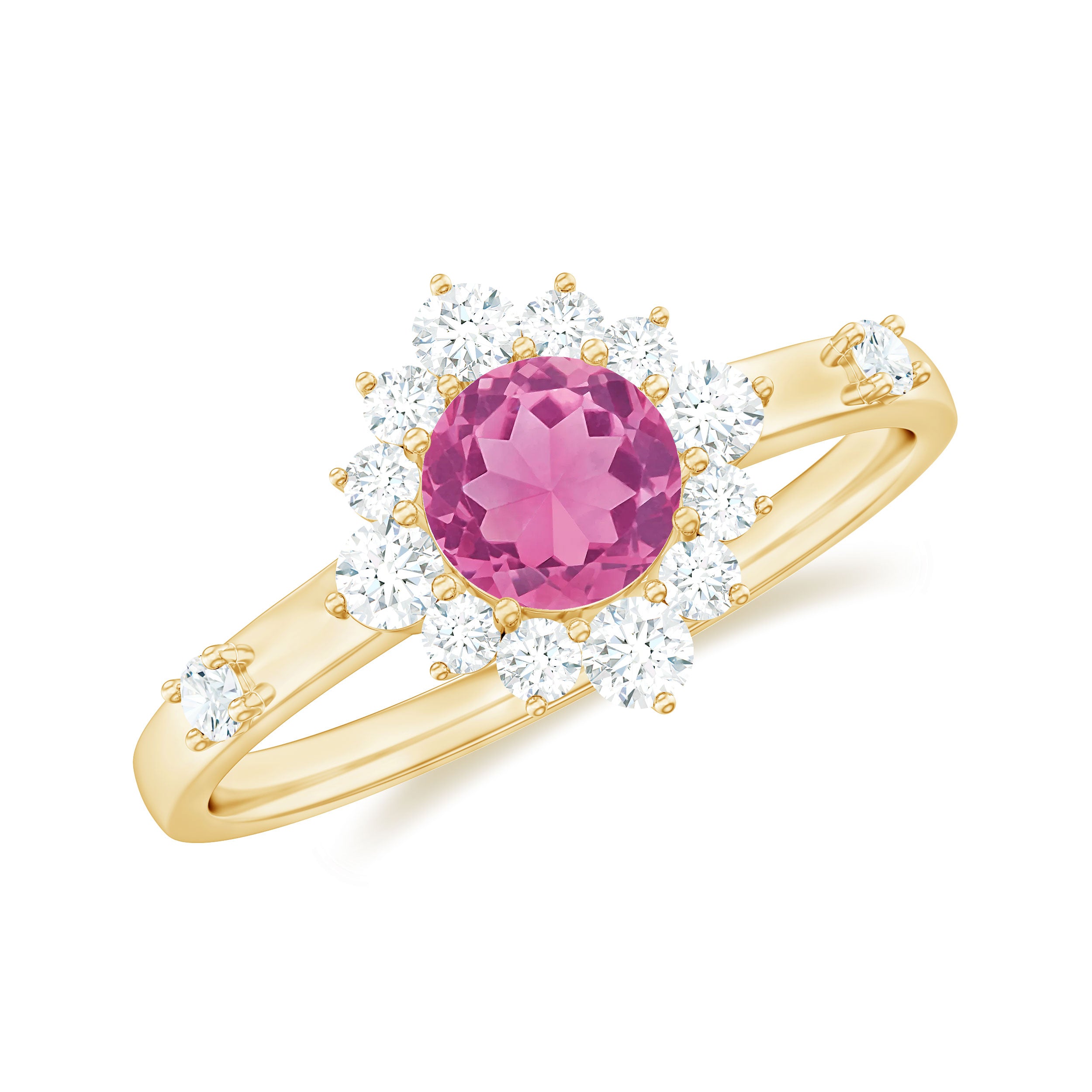 Round Pink Tourmaline Classic Halo Engagement Ring with Diamond Pink Tourmaline - ( AAA ) - Quality - Rosec Jewels