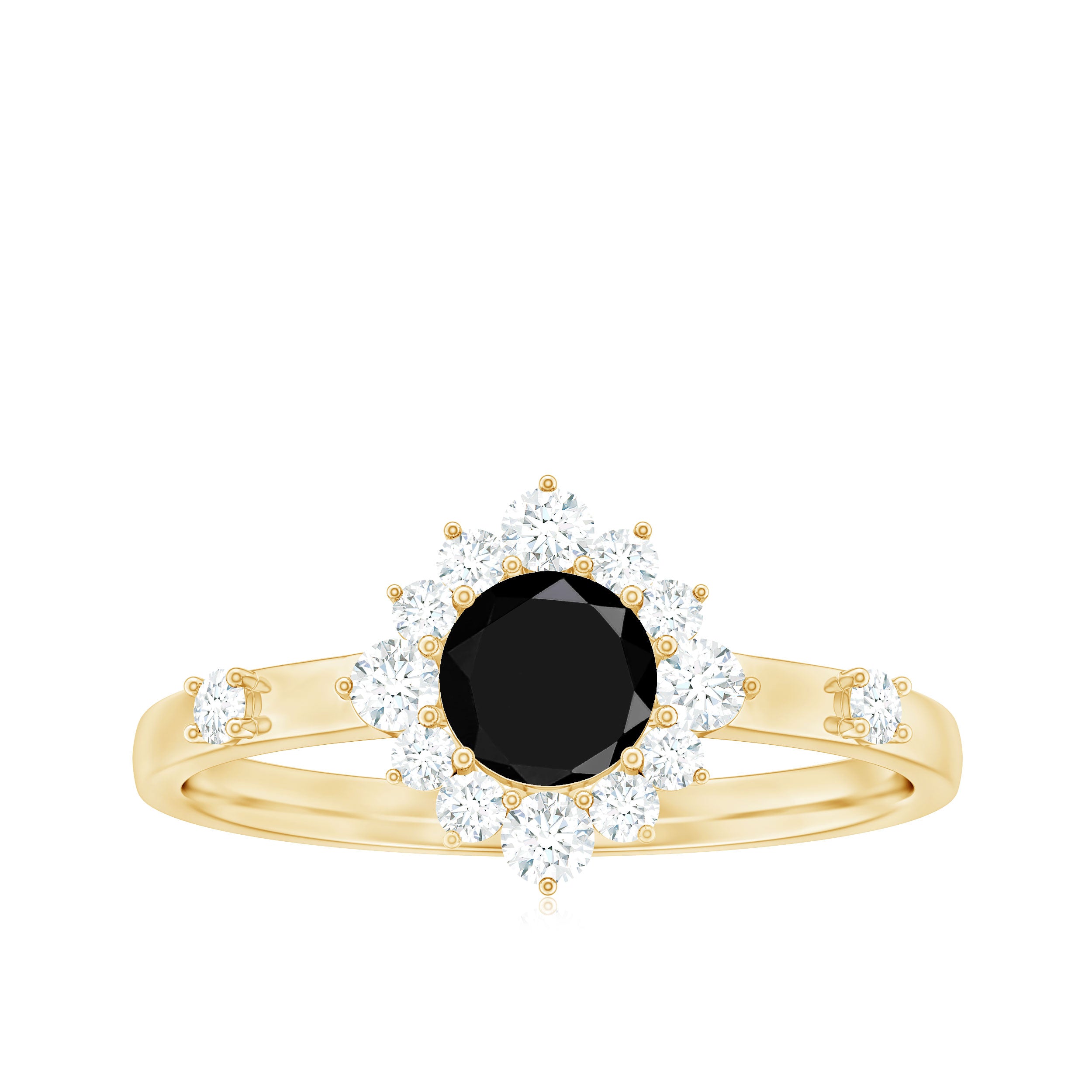 1 CT Round Black Onyx and Diamond Halo Engagement Ring Black Onyx - ( AAA ) - Quality - Rosec Jewels